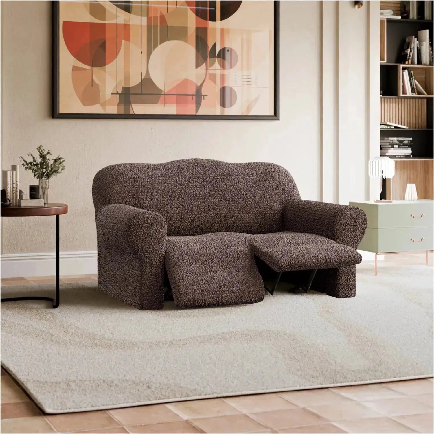 2 Seater Recliner Slipcover - Mille Righe Collection | Stretchable Sofa Cover for Living Room, Home Theater & Family Room Protection