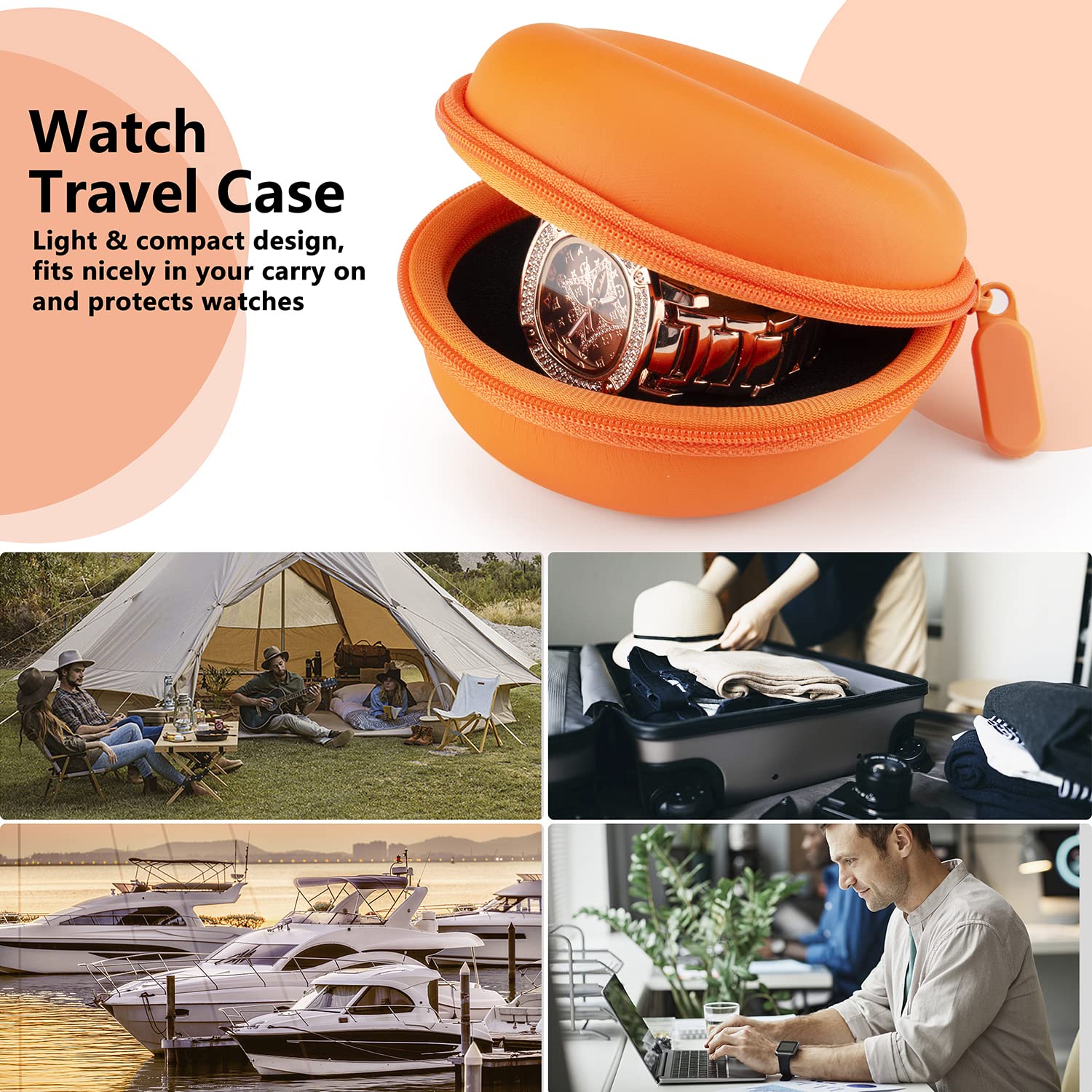 Premium Travel Watch Case for Women - Portable Single Watch Organizer Box with 1 Slot | Fits All Wristwatches & Smartwatches up to 50mm (Orange) | Perfect for Business Trips, Vacations & Daily Storage