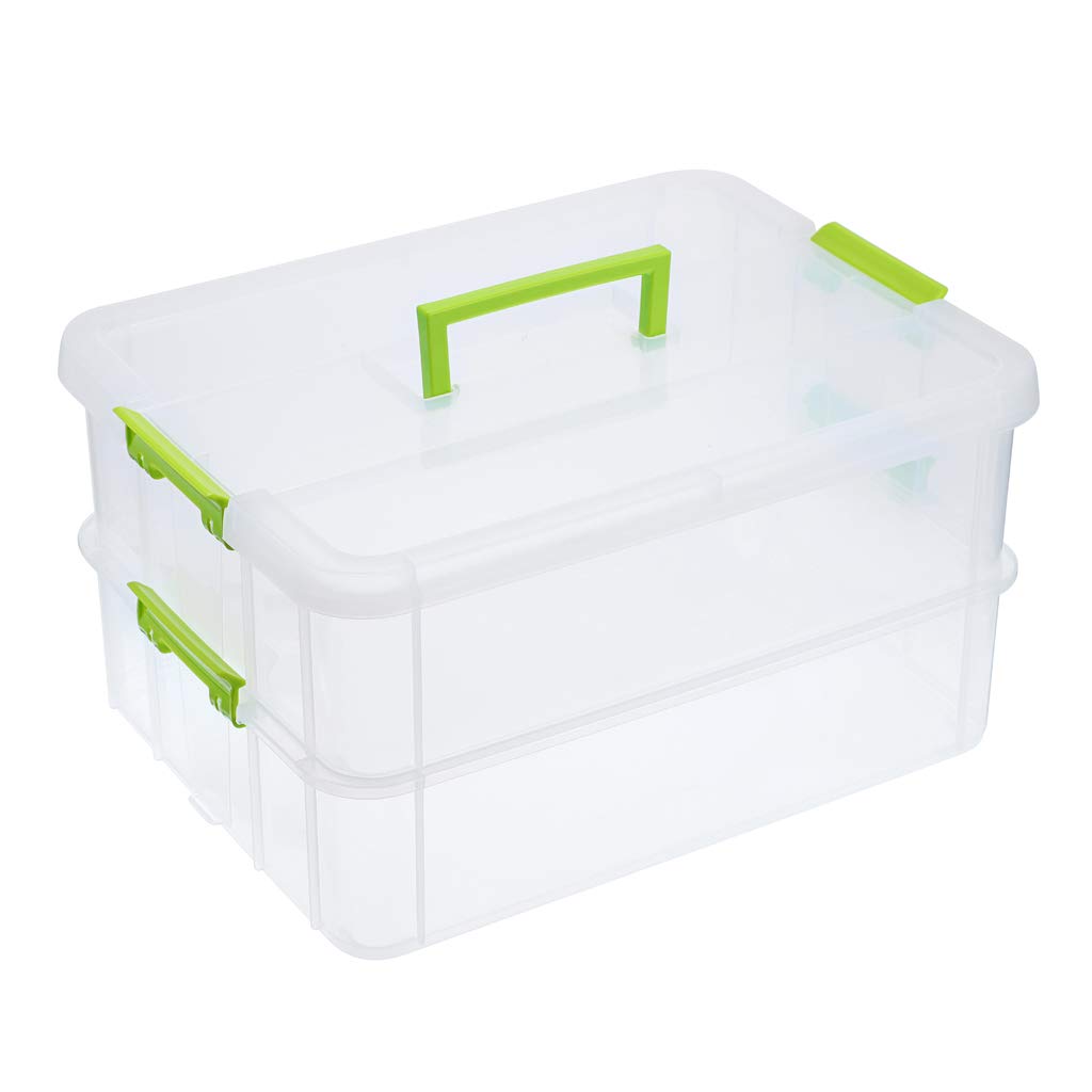 BTSKY 2-Tier Stackable Plastic Storage Box with Handle - Portable Organizer for Stationery, Craft Supplies, Jewelry & Beauty Accessories - Perfect for Home, Office & Travel Organization (Green)