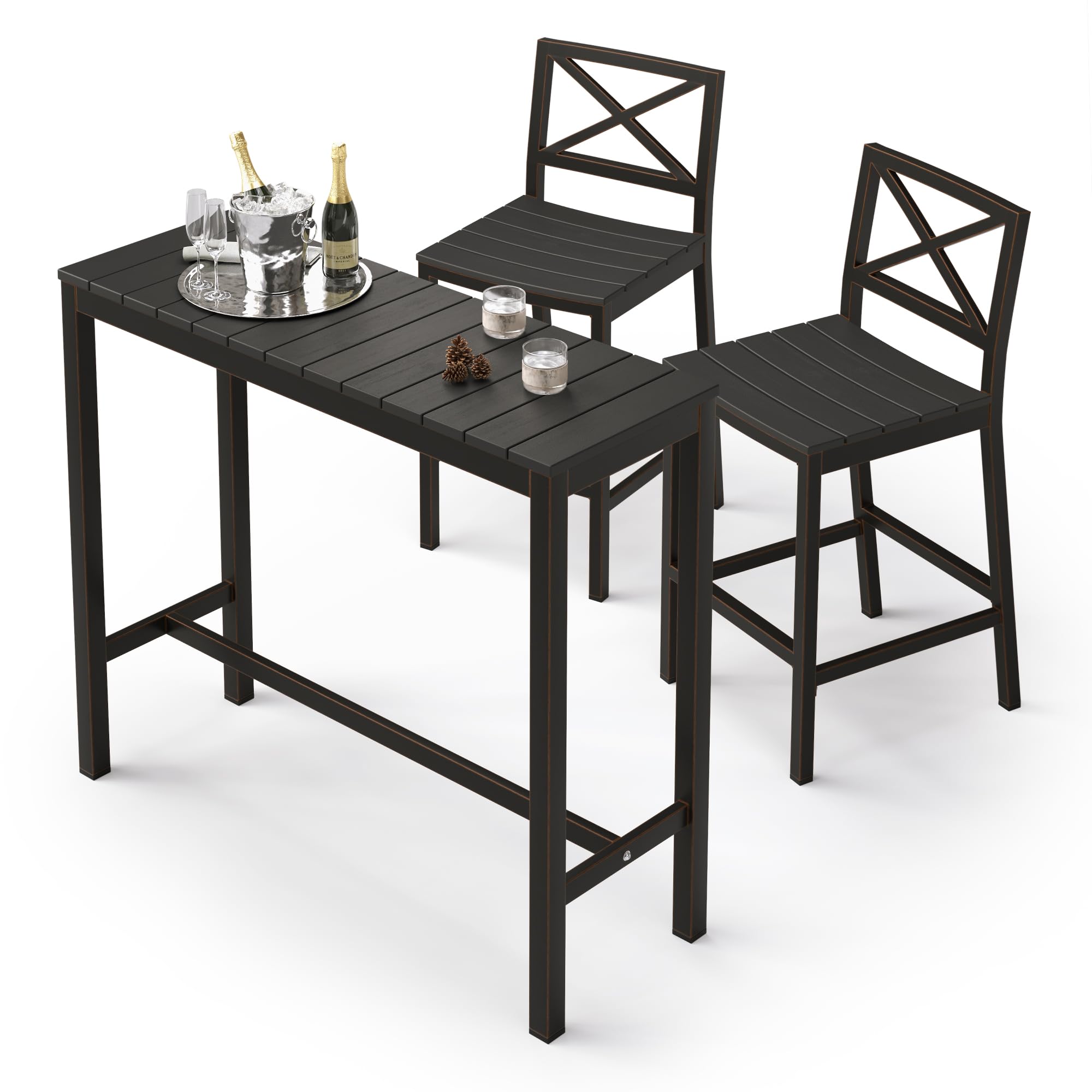 Outdoor Bar Height Table and Chairs Set - 3-Piece Black Patio Pub Set with 45