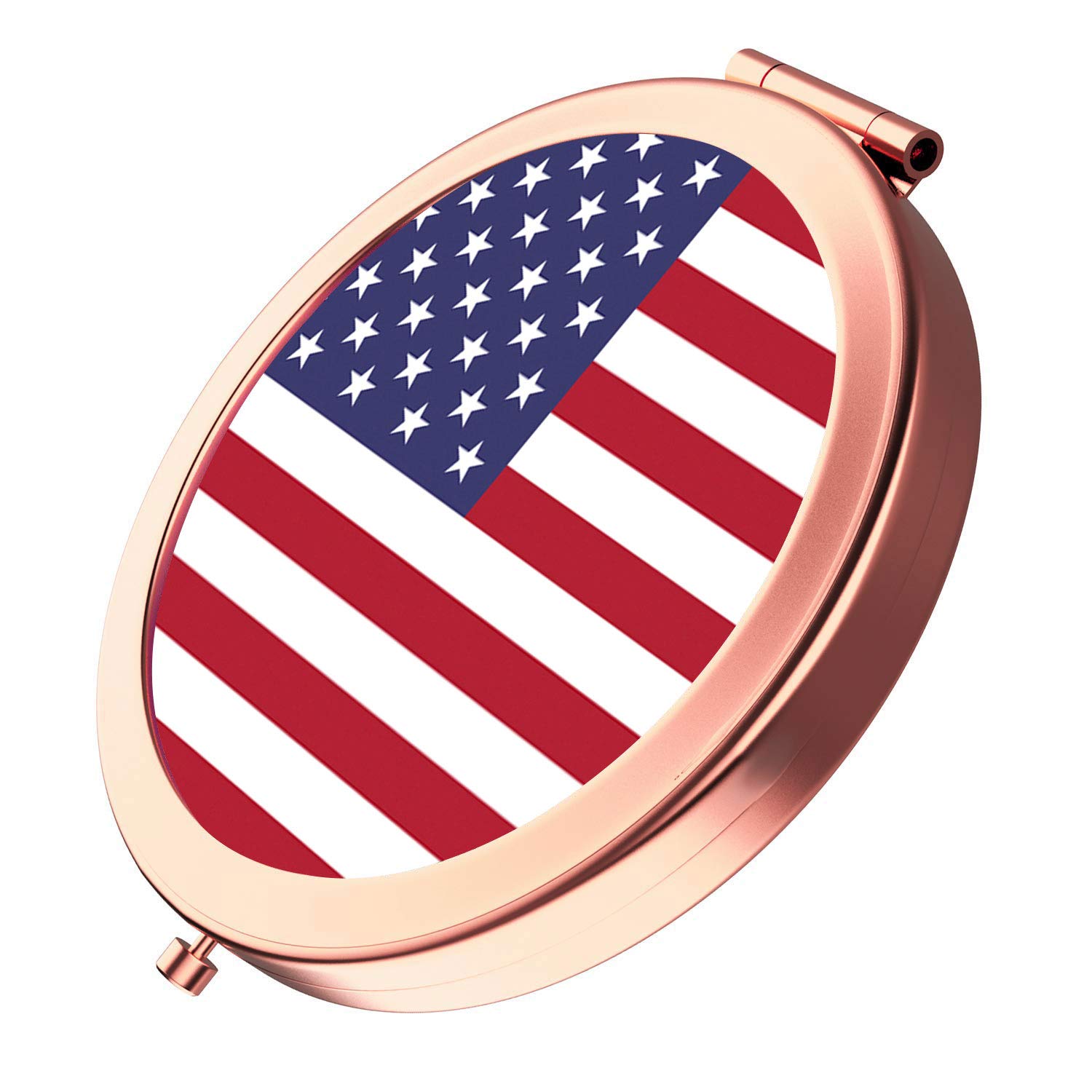 Rose Gold Travel Mirror Compact - Double Sided 2X & 1X Magnification Hand Mirror - Round Metal Bohemian Style Mirror for Women & Girls (American Flag Design) - Perfect for Travel, Makeup Touch-ups & Handbag Essentials