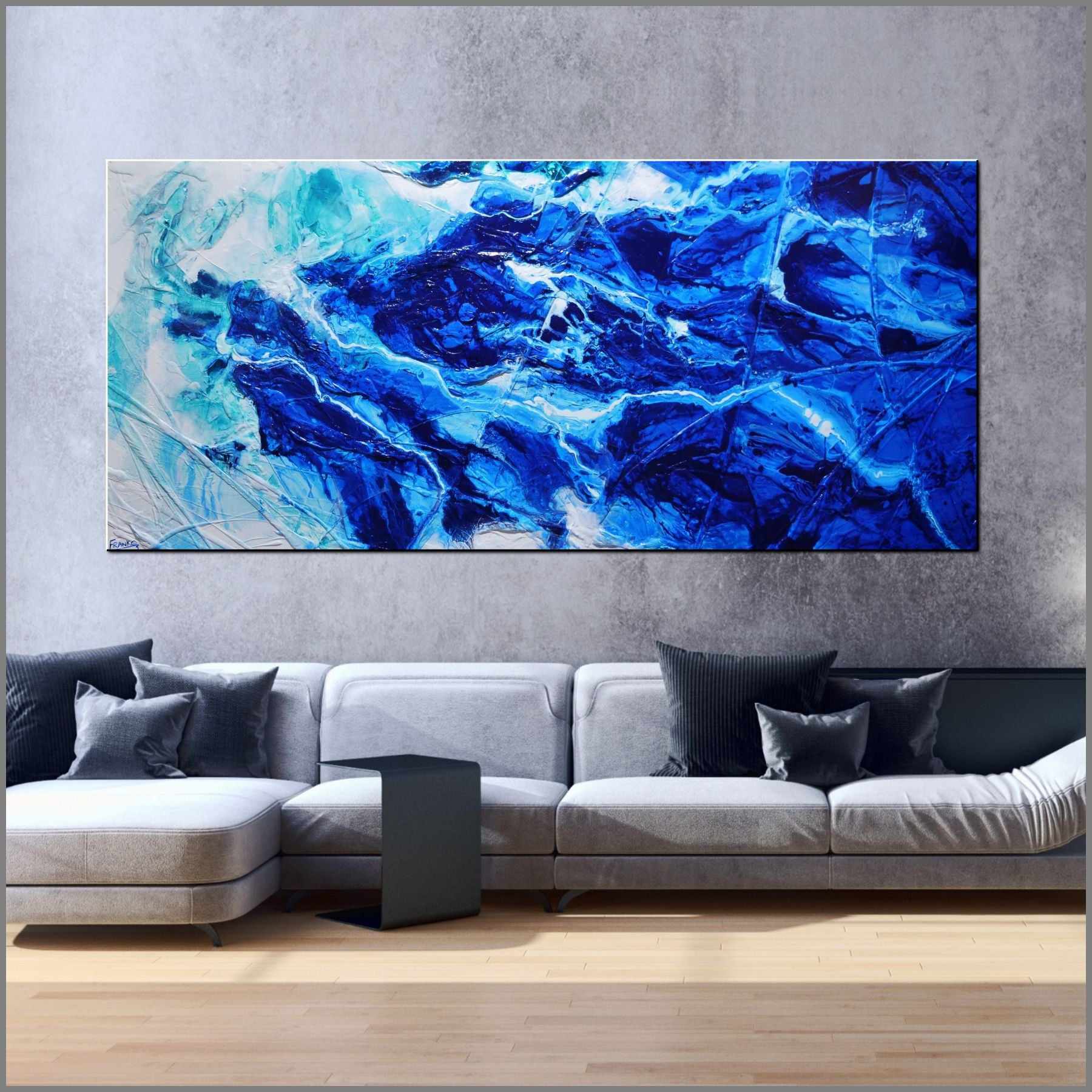 Fractured Sapphire Blue and White Textured Abstract Painting - 270cm x 120cm Large Wall Art for Living Room, Bedroom, or Office Decor