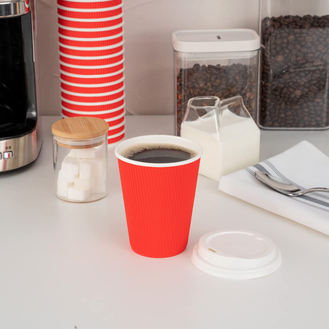 12oz Disposable Coffee Cups - 500 Pack Rippled Wall Hot Cups for Coffee, Tea, Hot Chocolate | Double Wall Insulated Red Paper Cups | Lids Sold Separately | Perfect for Restaurants, Cafes, Offices & Home Use