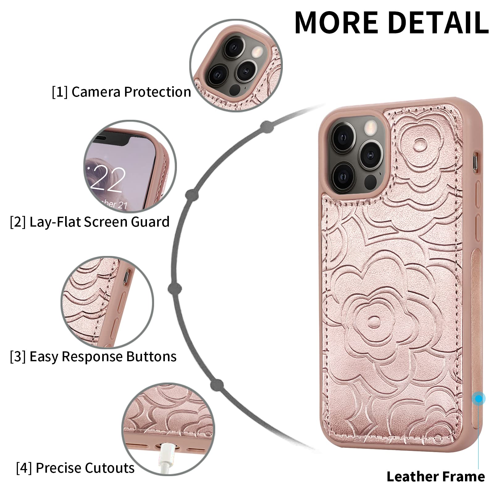 Magnetic Detachable Wallet Case for iPhone 13 Pro Max 5G - Leather Folio Flip Cover with RFID Card Holder & Strap - Women's Camellia Rose Pink Phone Case | Perfect for Everyday Use, Travel & Secure Card Storage