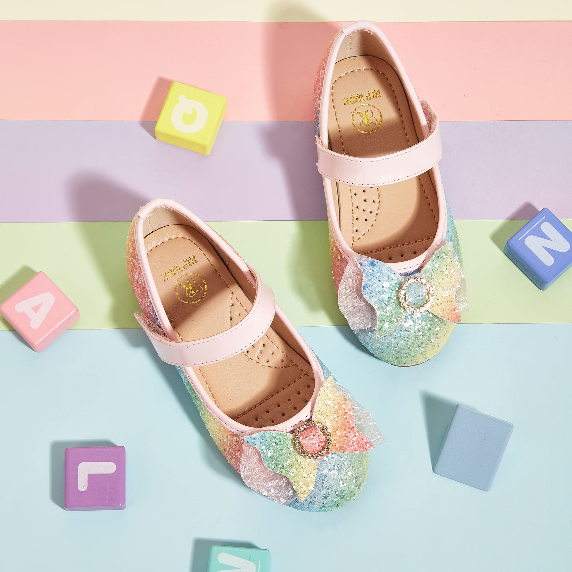 K KIP WOK Toddler Girls Mary Jane Shoes with Glitter & Floral Design - Ballet Flats for Wedding, Party, and Special Occasions