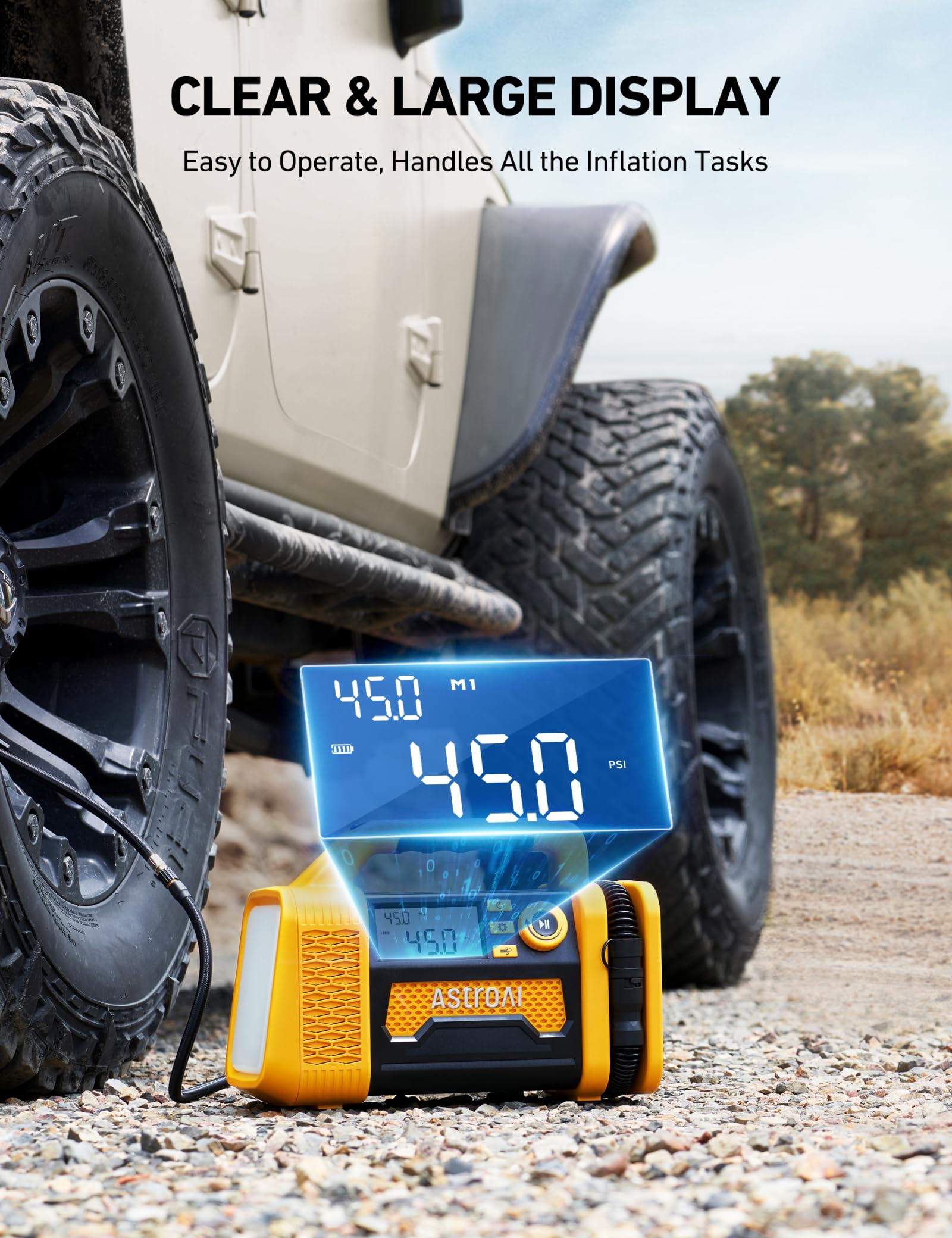 AstroAI TC3 150PSI Portable Air Compressor - Digital Tire Inflator for Cars, Trucks, SUVs & RVs | Heavy Duty Offroad Air Pump with LCD Display | Ideal for Road Trips, Emergency Flat Tires & 4x4 Adventures (Yellow)