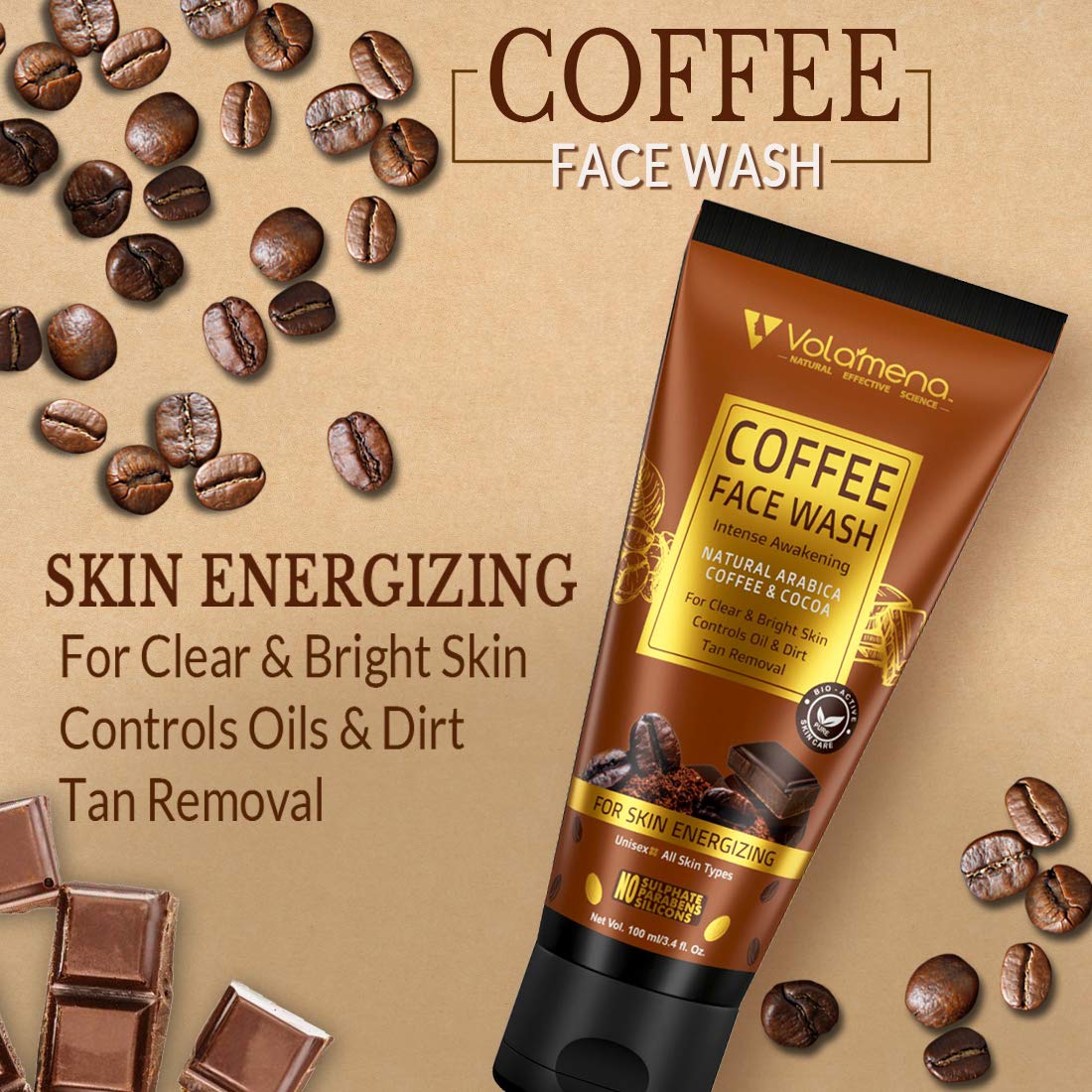 Volamena Natural Arabica Coffee & Cocoa Face Wash - Energizing Skin Cleanser 100ml for Glowing Skin - Perfect for Morning Routine & Revitalizing Tired Skin
