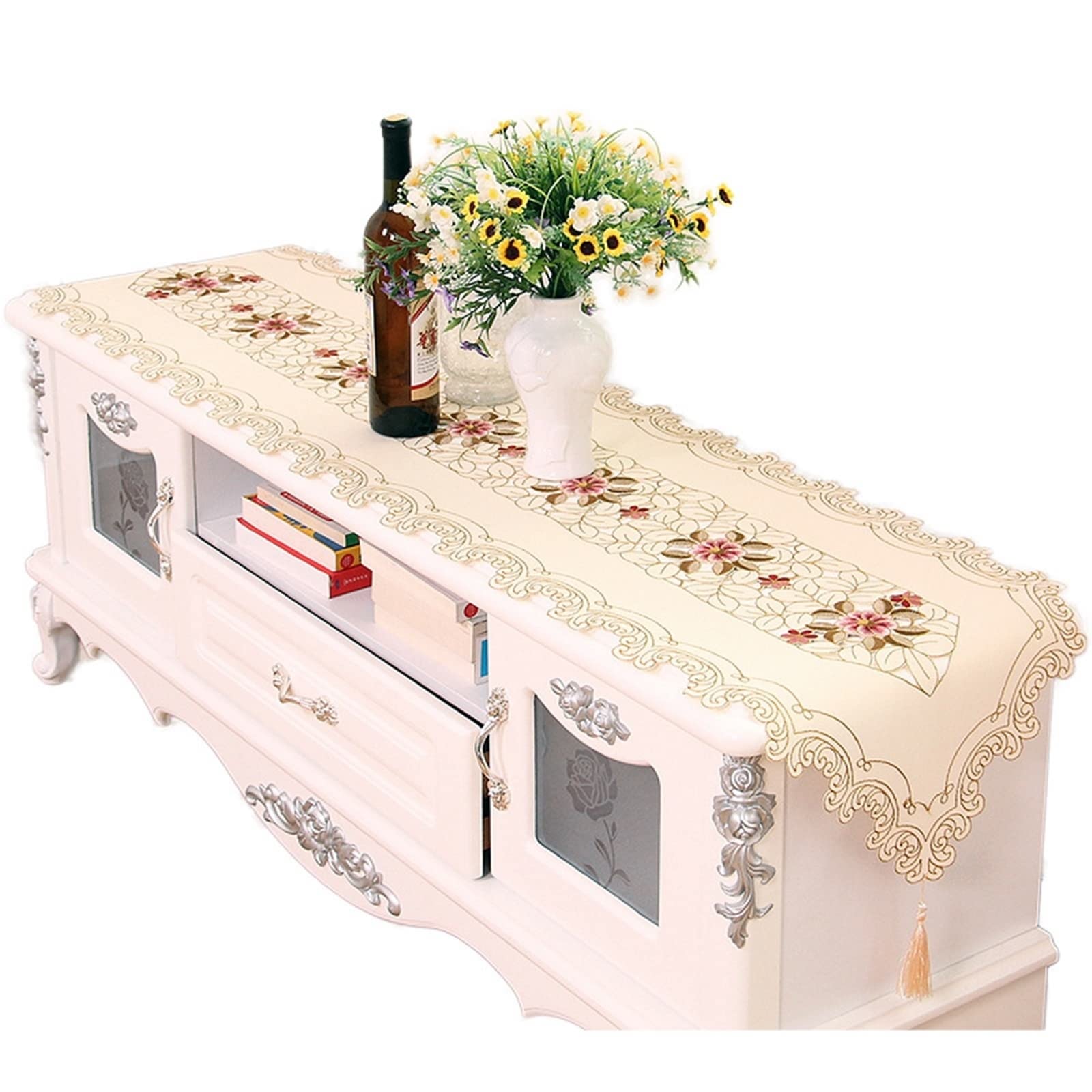 Beige Pink Round Embroidered Flower Polyester Table Runner 40x270cm - Elegant Kitchen & Dining Table Decor for Christmas, Weddings, and Home Decor