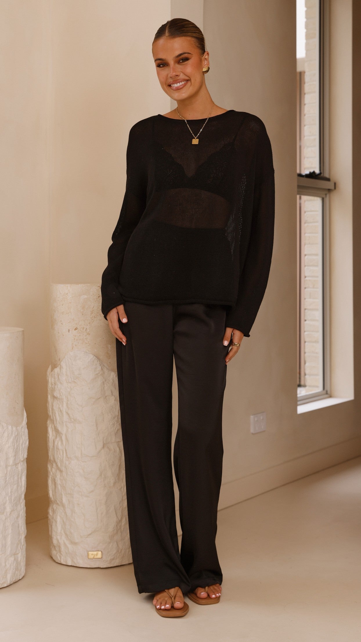 Lakoa Knit Top for Women - Soft Stretchy Comfortable Black Long Sleeve Shirt - Perfect for Casual Wear, Office, and Layering