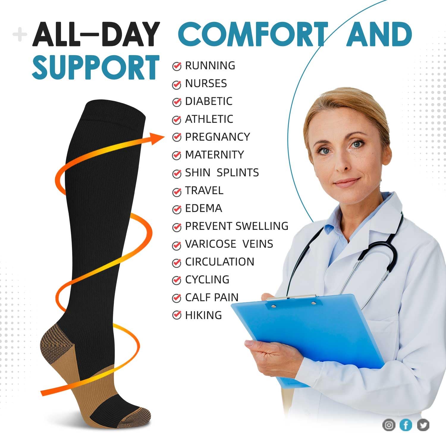 Hi Clasmix Graduated Compression Socks for Women & Men - Wide Calf Support Socks for Circulation, Pregnancy, Nurses, Running & Travel - Best for Workouts, Long Flights & Daily Comfort