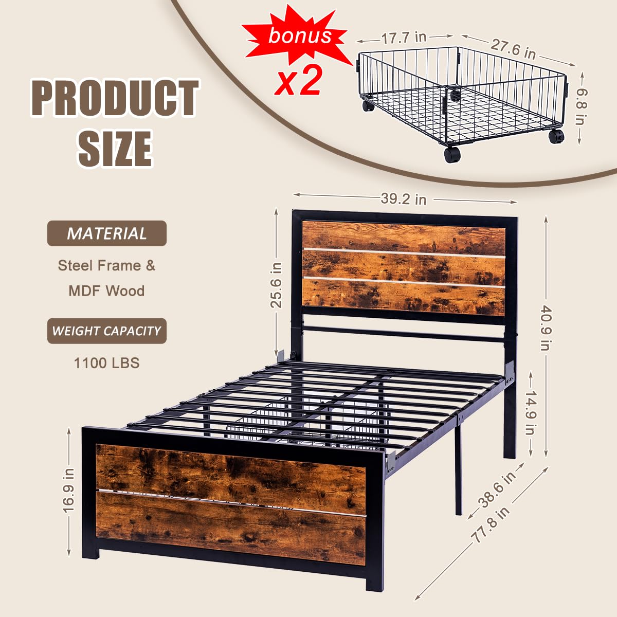 WAYTRIM Twin Platform Bed Frame with Wooden Headboard & Footboard - Industrial Metal Slat Support, No Box Spring Needed, Includes 2 Underbed Rolling Storage Carts - Retro Brown Finish - Perfect for Teens, Kids & Adults Bedrooms, Dorm Rooms or Guest Rooms