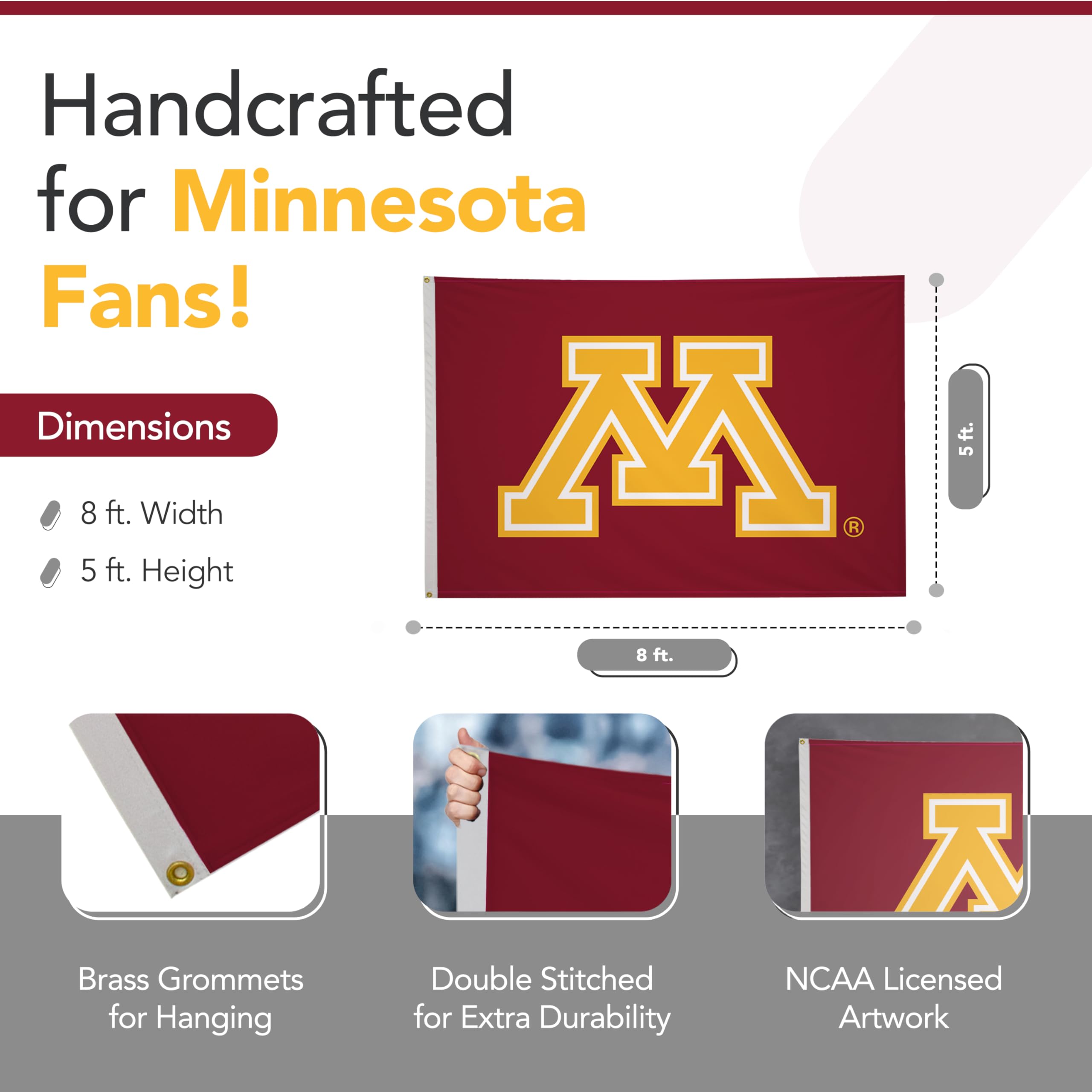 Minnesota Golden Gophers NCAA Licensed 5' x 8' Nylon College Sports Banner - Maroon, Gold & White - Perfect for Game Day Decor, Tailgating & Dorm Room Wall Decor