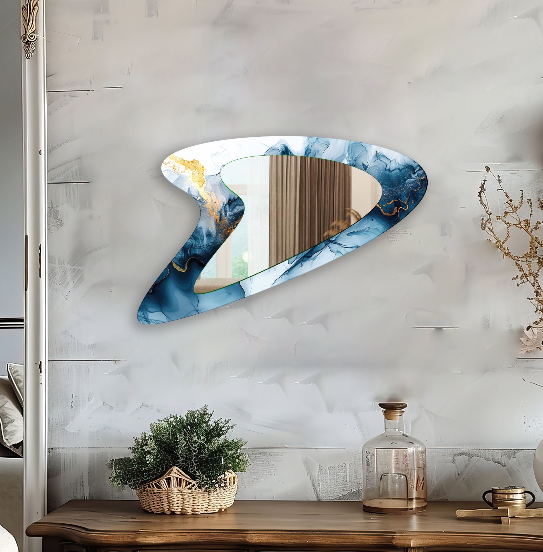 Blue Alcohol Ink Glass Wall Mirror - Elegant Handmade Home Decor for Living Room, Bedroom & Bathroom | Perfect for Modern & Bohemian Interior Design