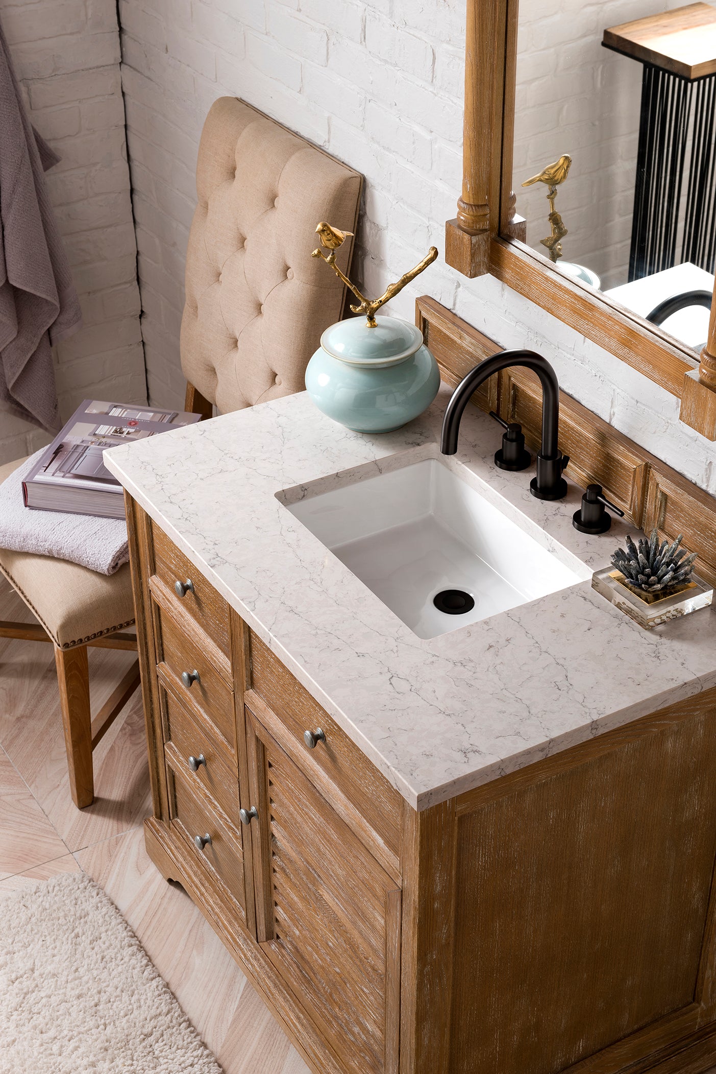Savannah 36 Inch Single Vanity Cabinet in Driftwood Finish with 3CM Eternal Jasmine Pearl Quartz Countertop - Perfect for Bathroom Makeover, Modern Home Decor & Spa-Style Retreats