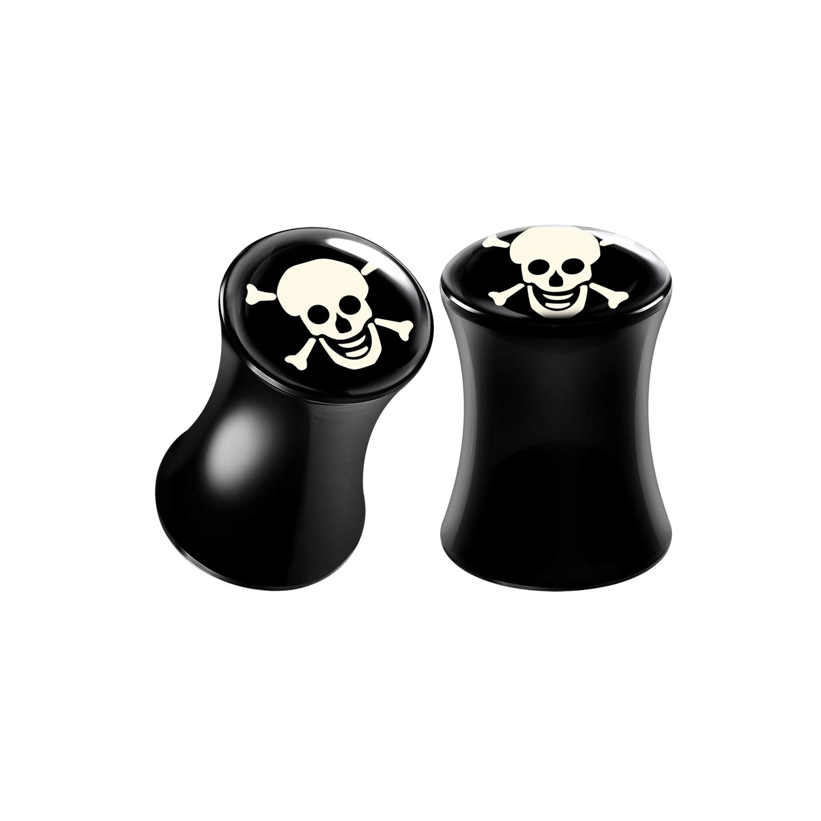 Black Acrylic Skull Logo Double Flared Saddle Piercing Jewelry - Stretcher Earrings for Ear Lobe Gauges - Flesh Plugs for Men & Women - Perfect for Punk, Goth, and Alternative Fashion Styles