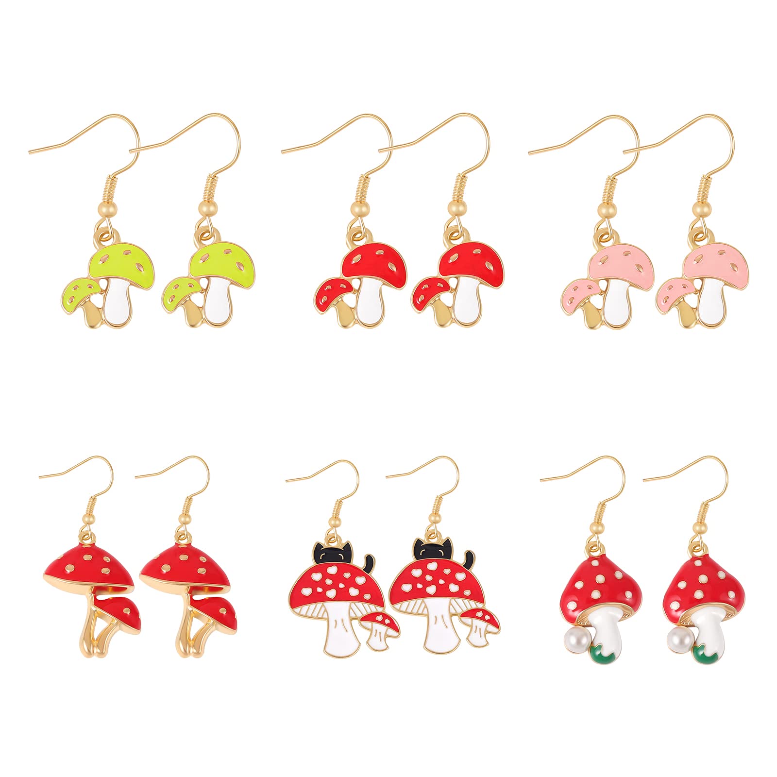 OPPRYN 6 Pairs Women's Mushroom Earrings - Double Mushroom Pendant Drop Dangle Hoop Earrings, Trendy Metal Jewelry Gift for Women & Girls | Perfect for Boho Fashion, Festivals & Everyday Wear