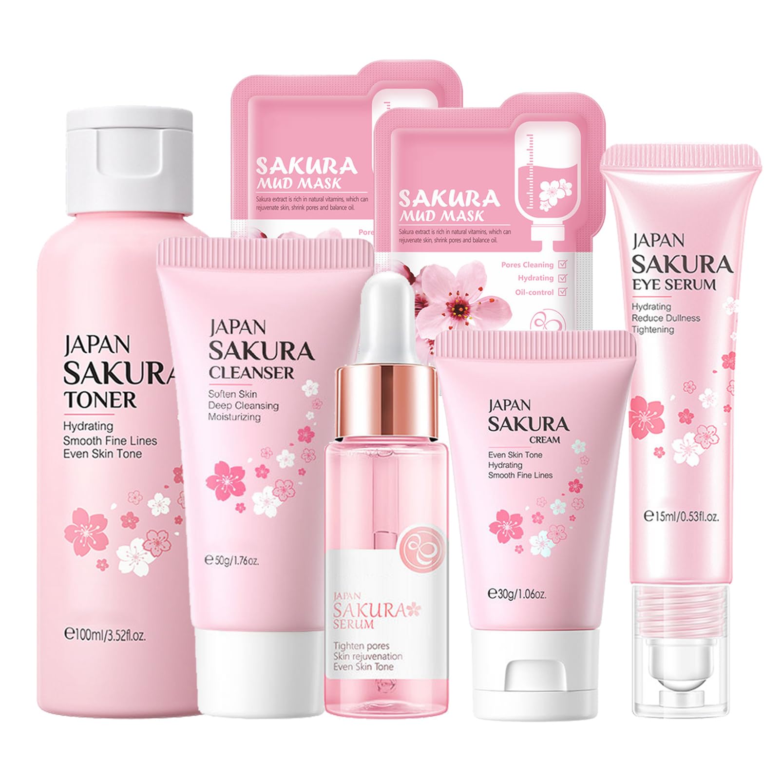 Sakura Women's Skincare Gift Set - Korean Beauty Kit with Cleanser, Serum, Face Cream, Toner, Eye Cream & Mud Mask - Complete Daily Skincare Routine for Dry & Sensitive Skin - Perfect for Hydration & Anti-Aging (Cherry Blossom Scent, One Size)