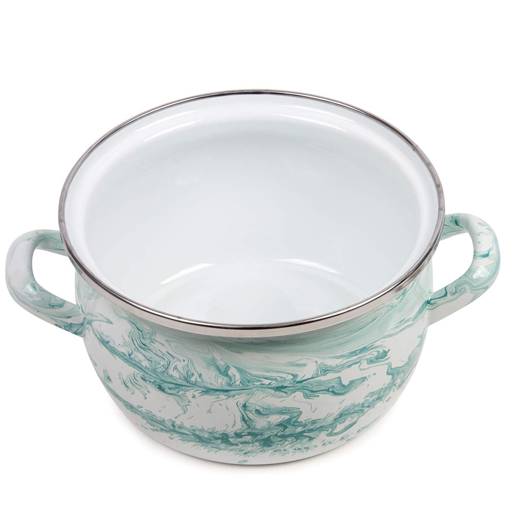 Shake White & Turquoise Enamel Stock Pot with Glass Lid - 5.3 Quart (5L) Enamelware Cooking Pot for Soups, Stews & Pasta - Vintage Style Kitchen Essential for Stovetop & Oven Use