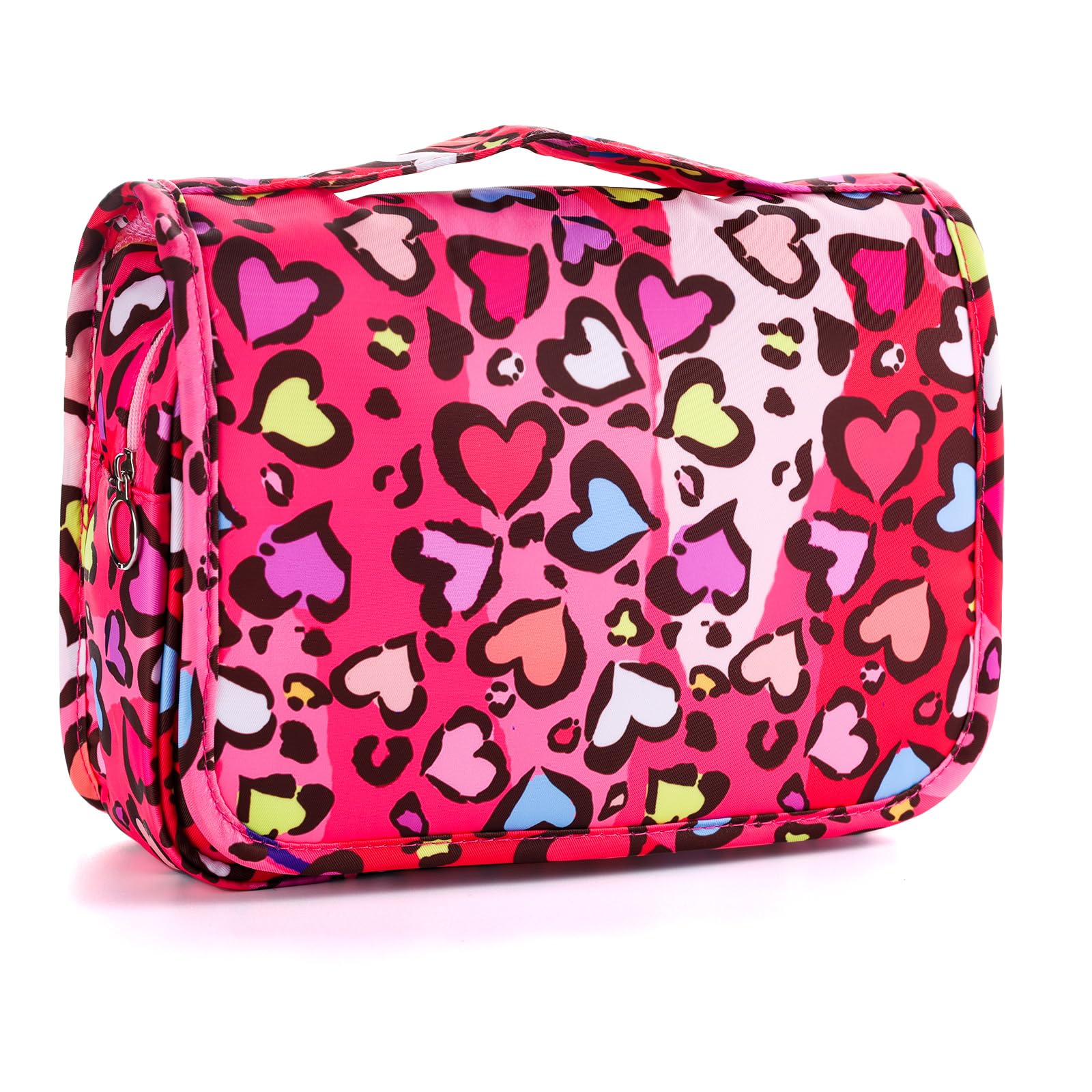 Waterproof Kids Hanging Toiletry Bag for Girls - Travel Cosmetic Makeup Wash Bag for Toddlers & Little Girls (Leopard Red) - Perfect for School Trips, Sleepovers & Family Vacations