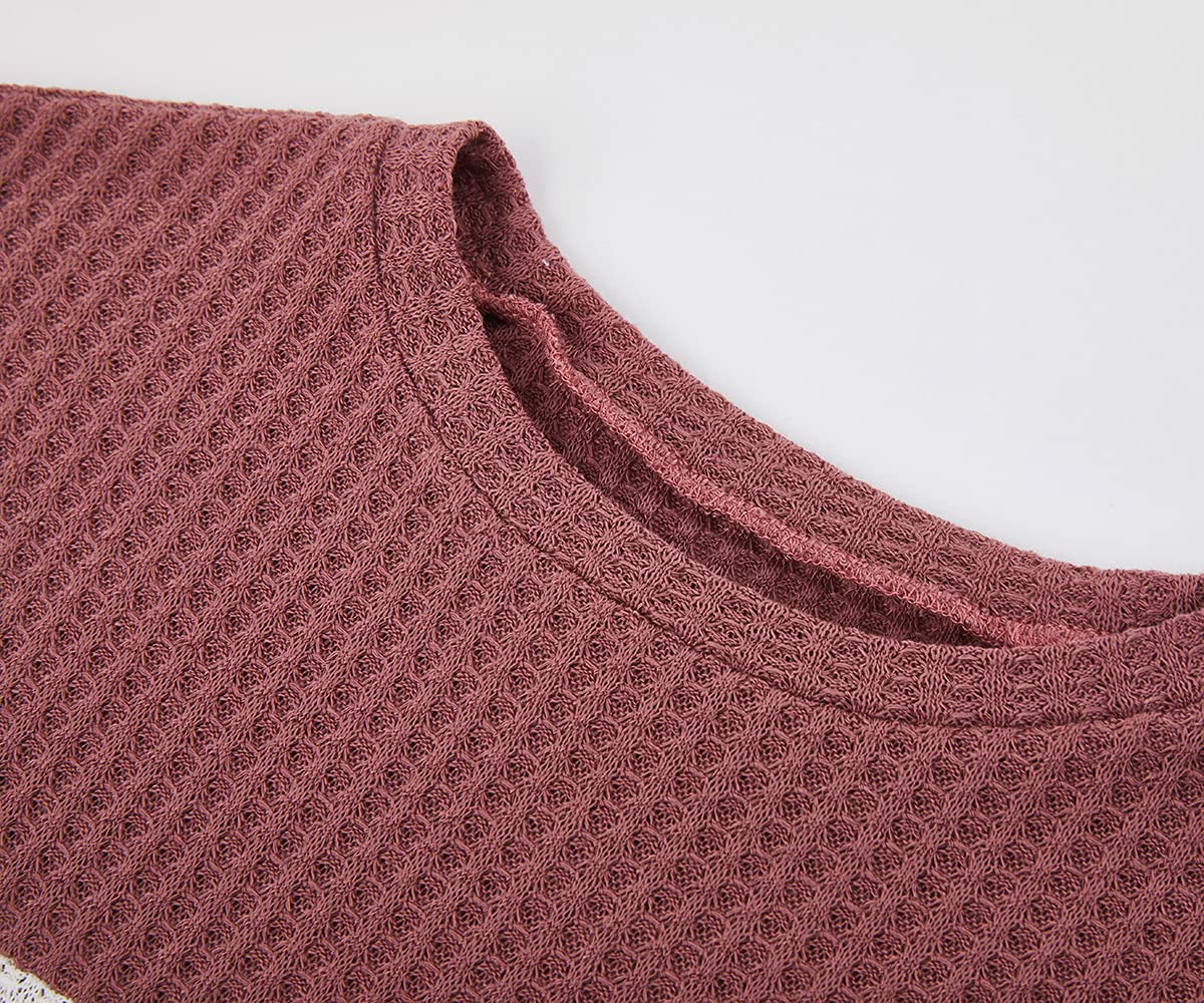 Girls Waffle Knit Colorblock Tie-Front Long Sleeve Tunic Top - Casual Comfortable Kids Fashion for School, Playdates & Everyday Wear