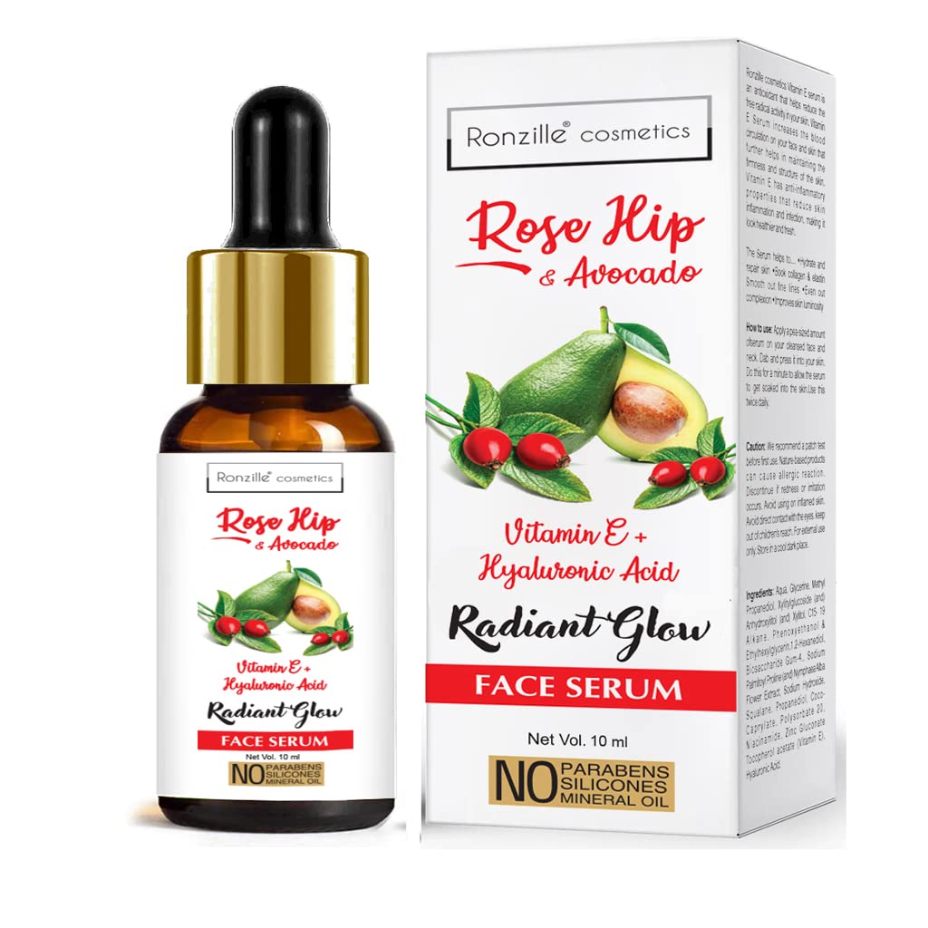 RONZILLE Rose Hip & Avocado Vitamin E + Hyaluronic Acid Face Serum for Radiant Glow - 10ml | Anti-Aging, Hydrating & Brightening Skincare | Perfect for Daily Use & Night Routine