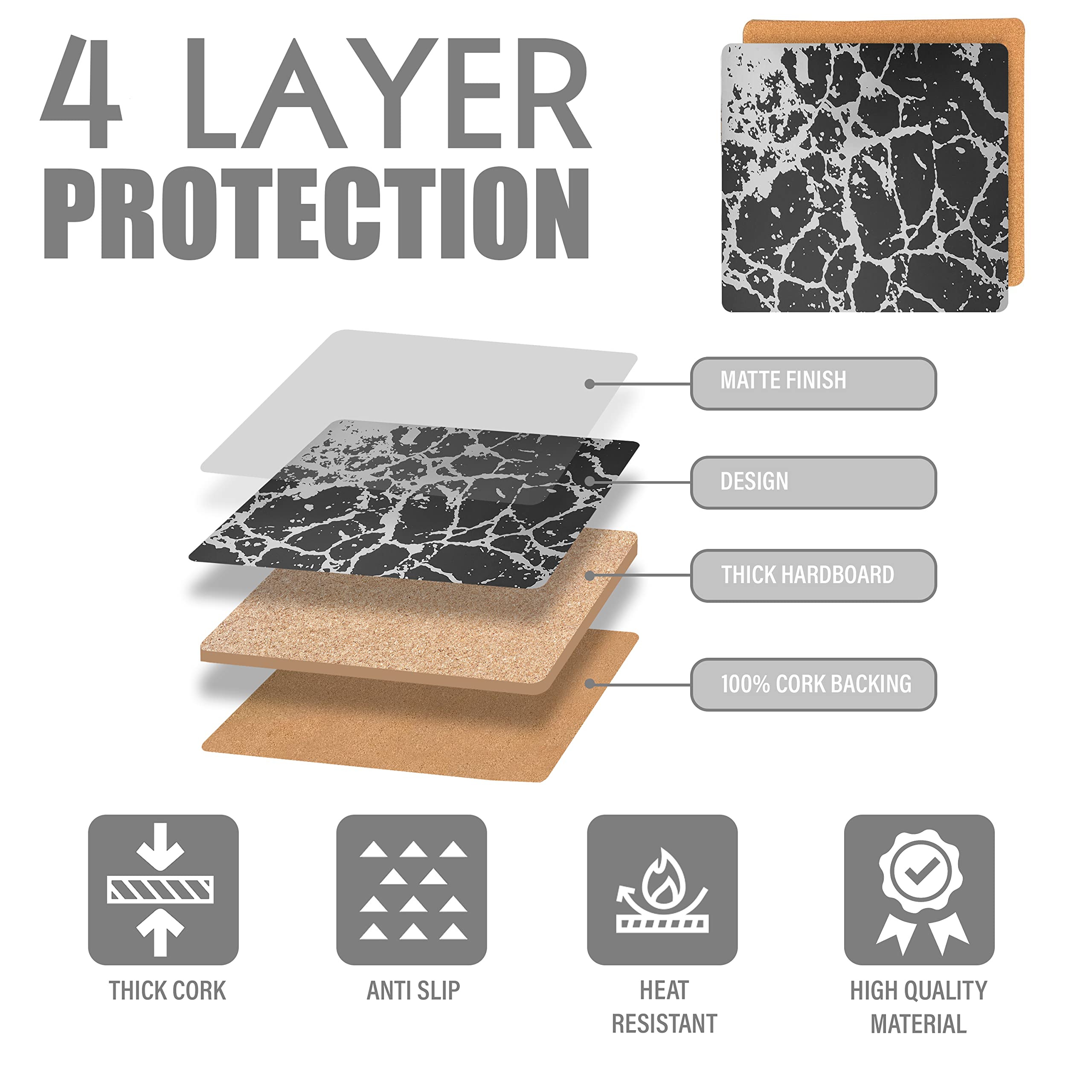 Elegant Black Silver Marble Square Cork Placemats Set of 2 - 15x15 Inch Heat Resistant, Non-Slip & Easy Clean Dining Table Mats - Perfect for Modern Home Decor, Dinner Parties & Stylish Kitchen Protection