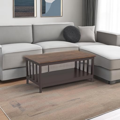 ChooChoo Farmhouse Coffee Table - 40 Inch Rustic Espresso Wooden Living Room Table with Lower Shelf | Perfect for Farmhouse Decor, Small Spaces & Cozy Gatherings