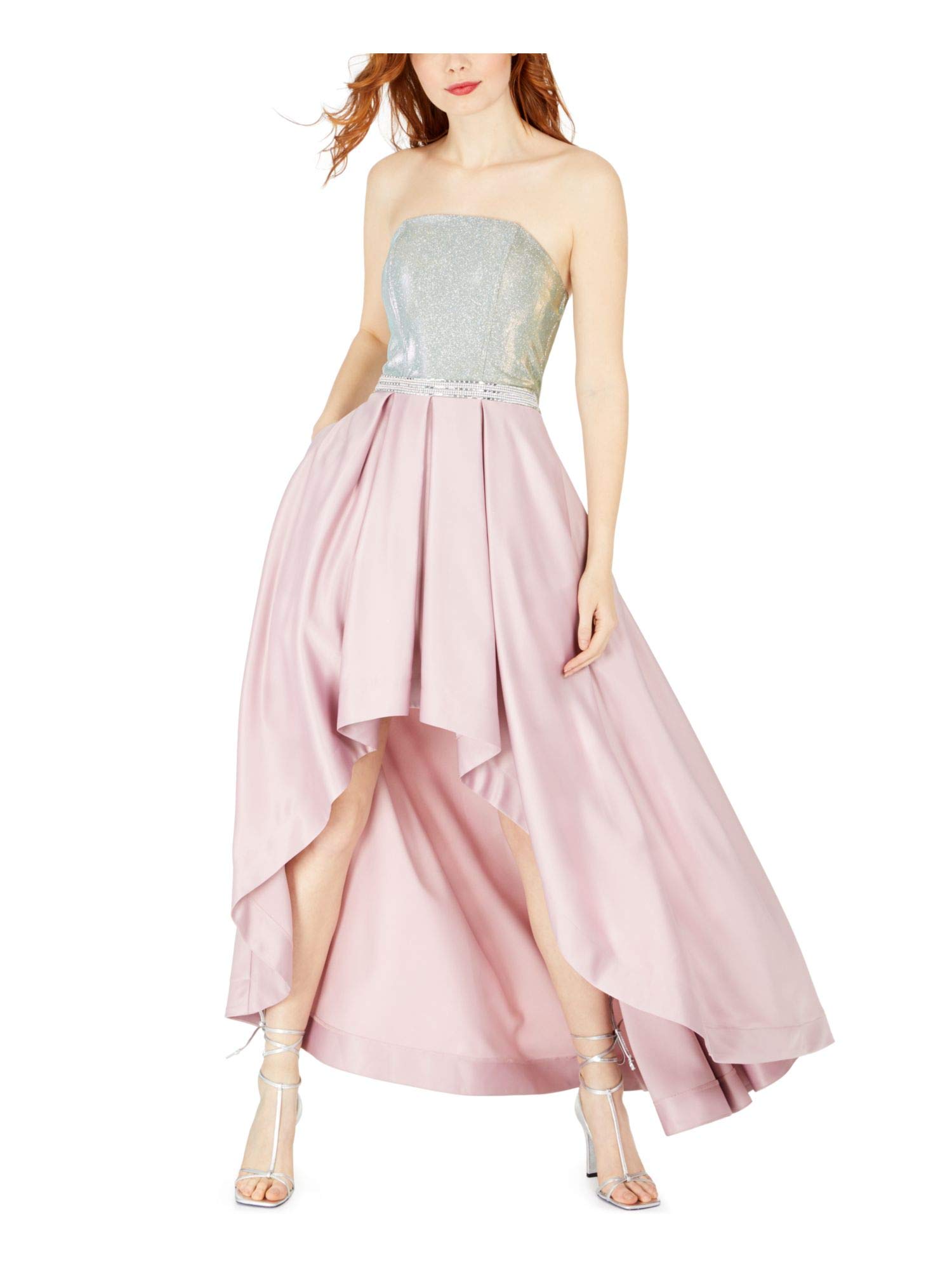 Elegant Pink Rhinestone Strapless Hi-Lo Formal Dress for Women & Juniors - Size 9, Perfect for Prom, Wedding & Evening Parties