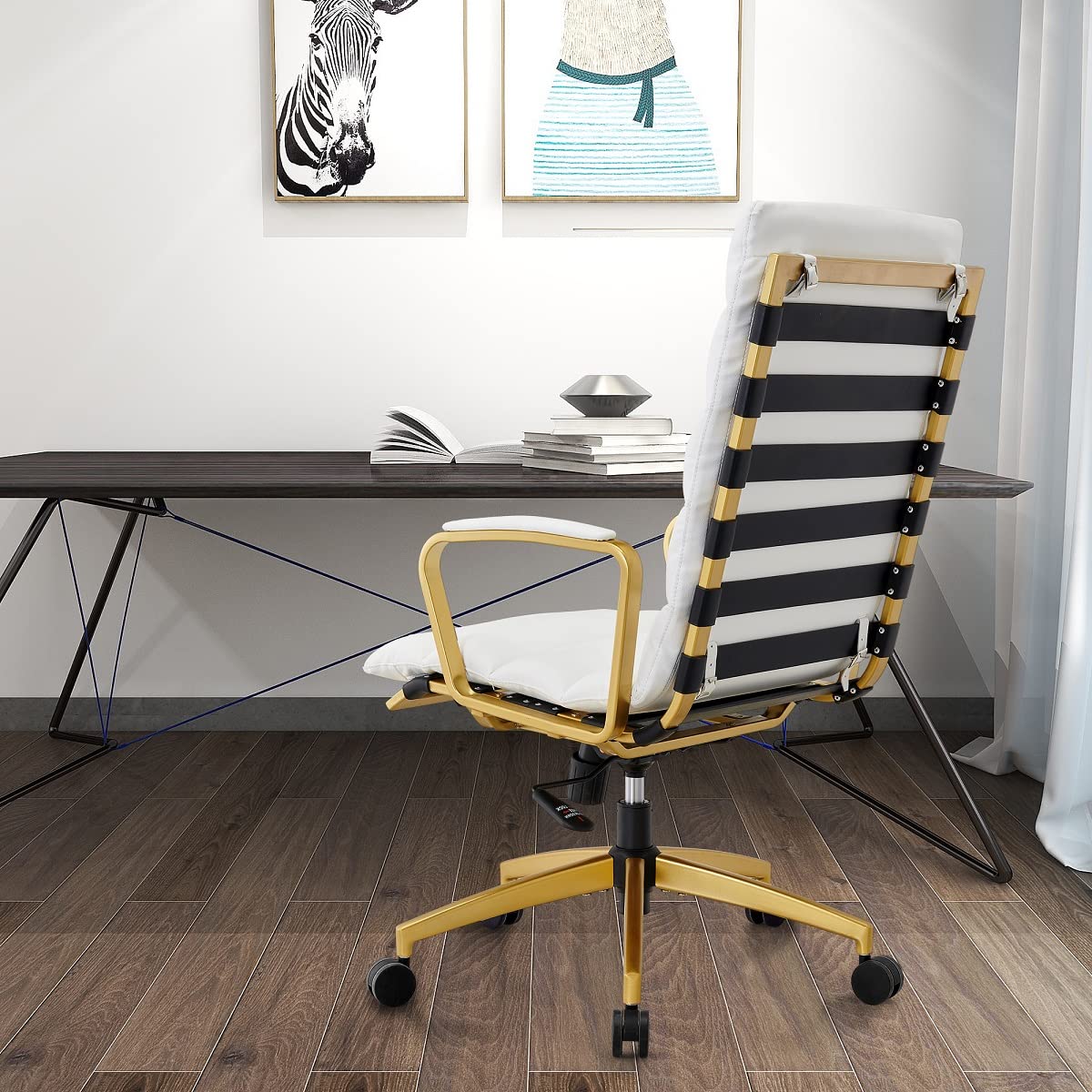 Premium White & Gold Leather Office Chair - Mid Century Modern Executive Desk Chair with Wheels - Ergonomic Rolling Chair for Home Office, Study, or Conference Room (Gold & White)