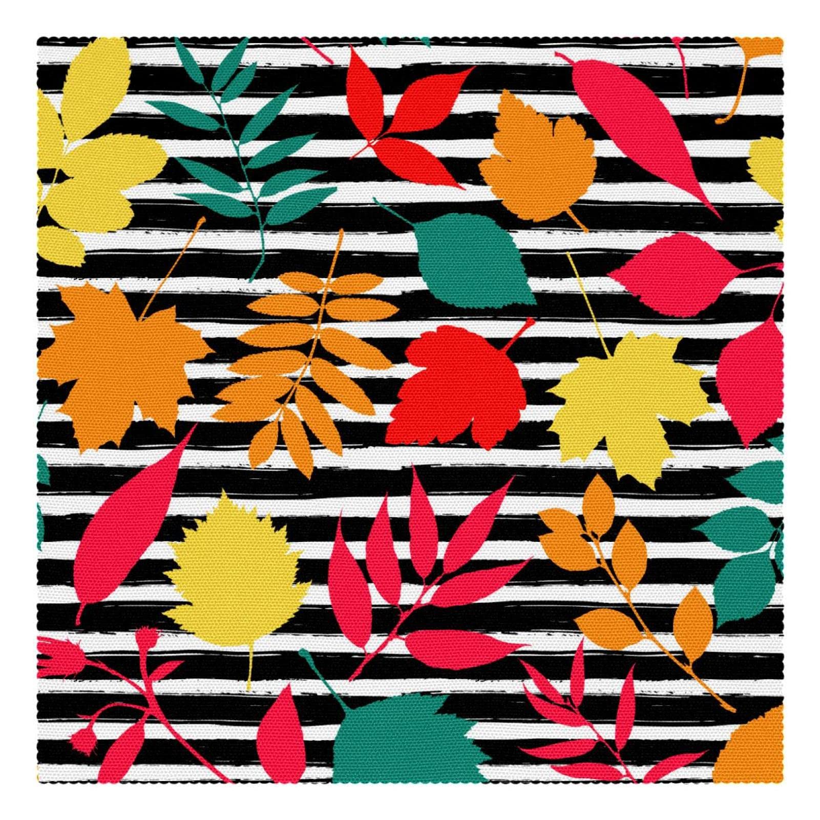 Fall Striped Placemats Set of 4 - Autumn Leaf Design Washable Table Mats for Dining Room Decor, Thanksgiving Dinner & Seasonal Home Decor