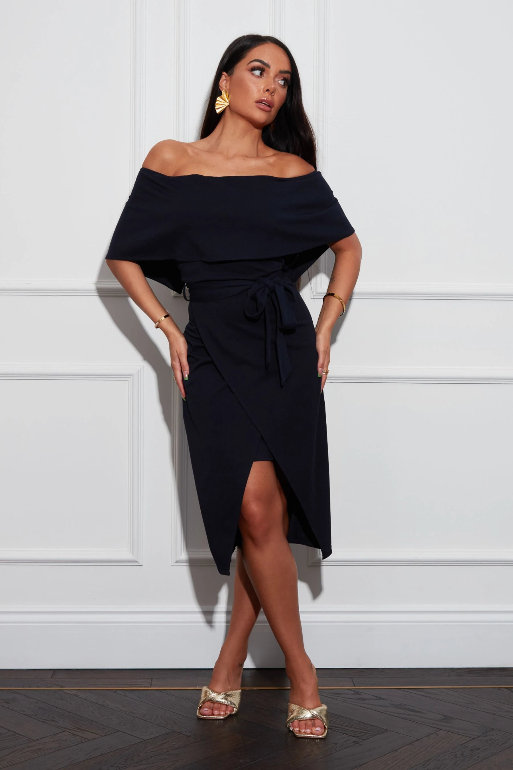Lucia Navy Off The Shoulder Midi Dress - Elegant Women's Summer Dress for Beach Vacation, Date Night & Special Occasions