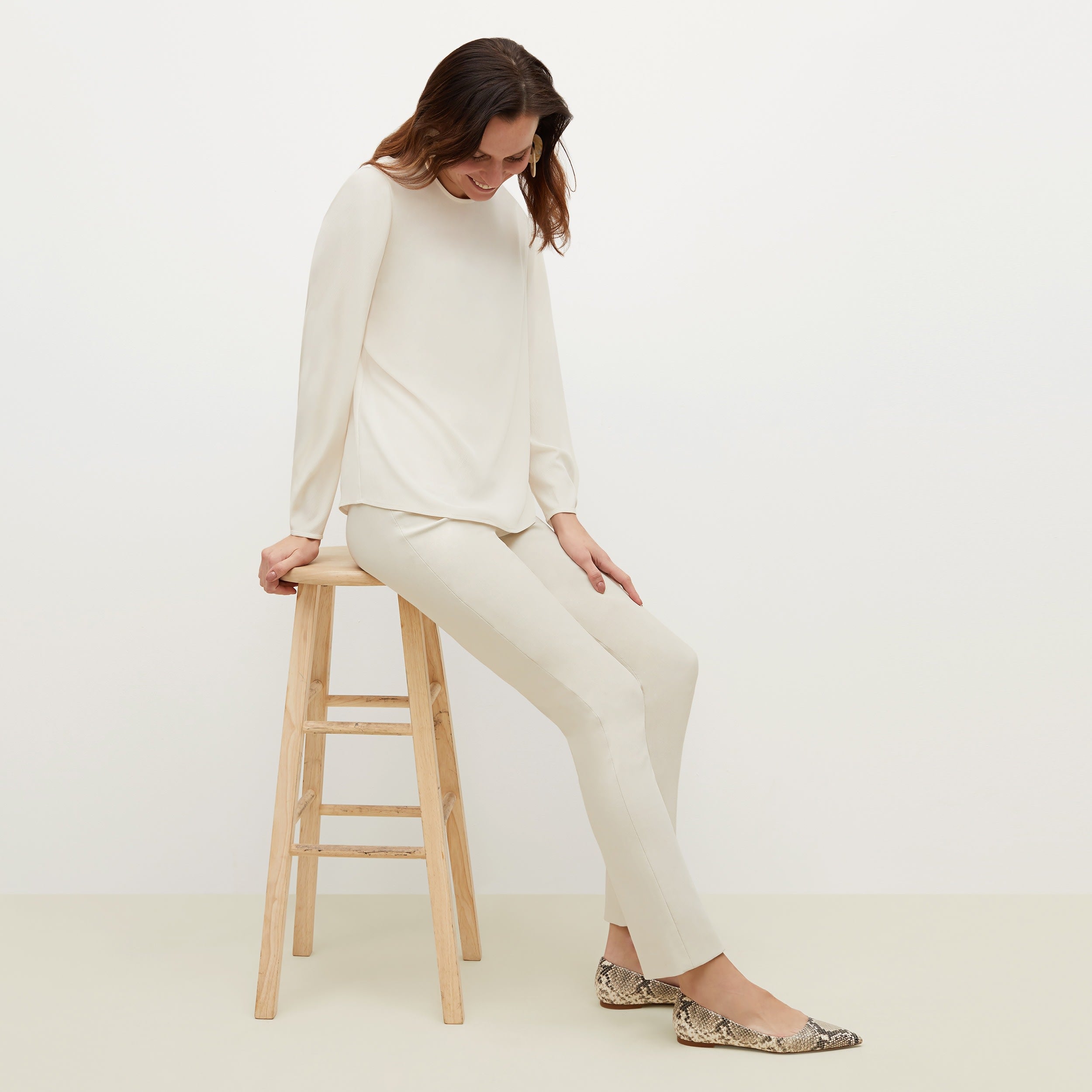 Foster Cigarette Pants for Women - High Waisted Stretch Work Pants in Bone Color - Perfect for Office, Business Casual & Travel
