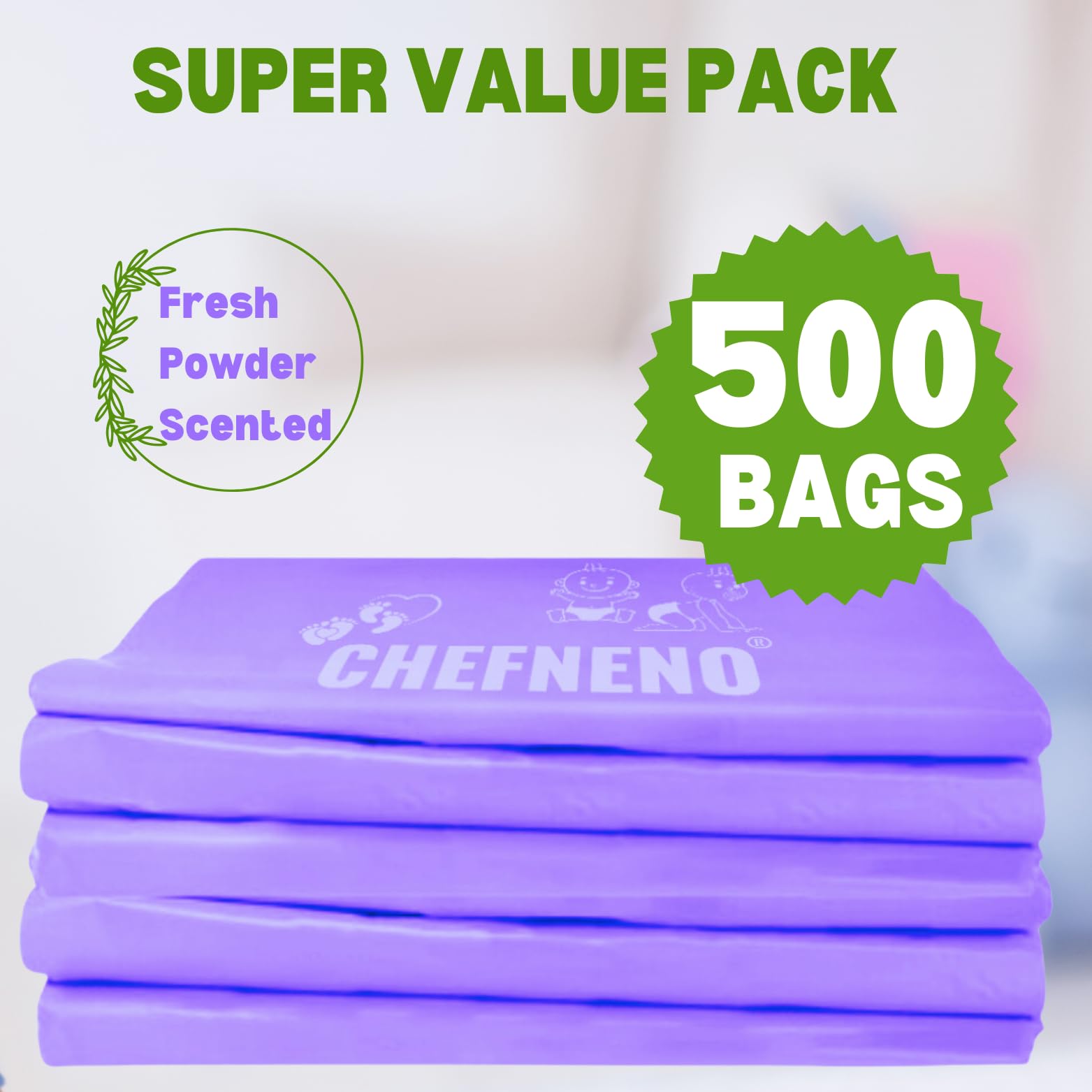 **Eco-Friendly Disposable Baby Diaper Bags - 500 Count, Fresh Powder Scented, Easy-Tie Handles for Diapers, Dog Poop & Cat Litter Waste - Perfect for Travel, Nursery & Pet Care**