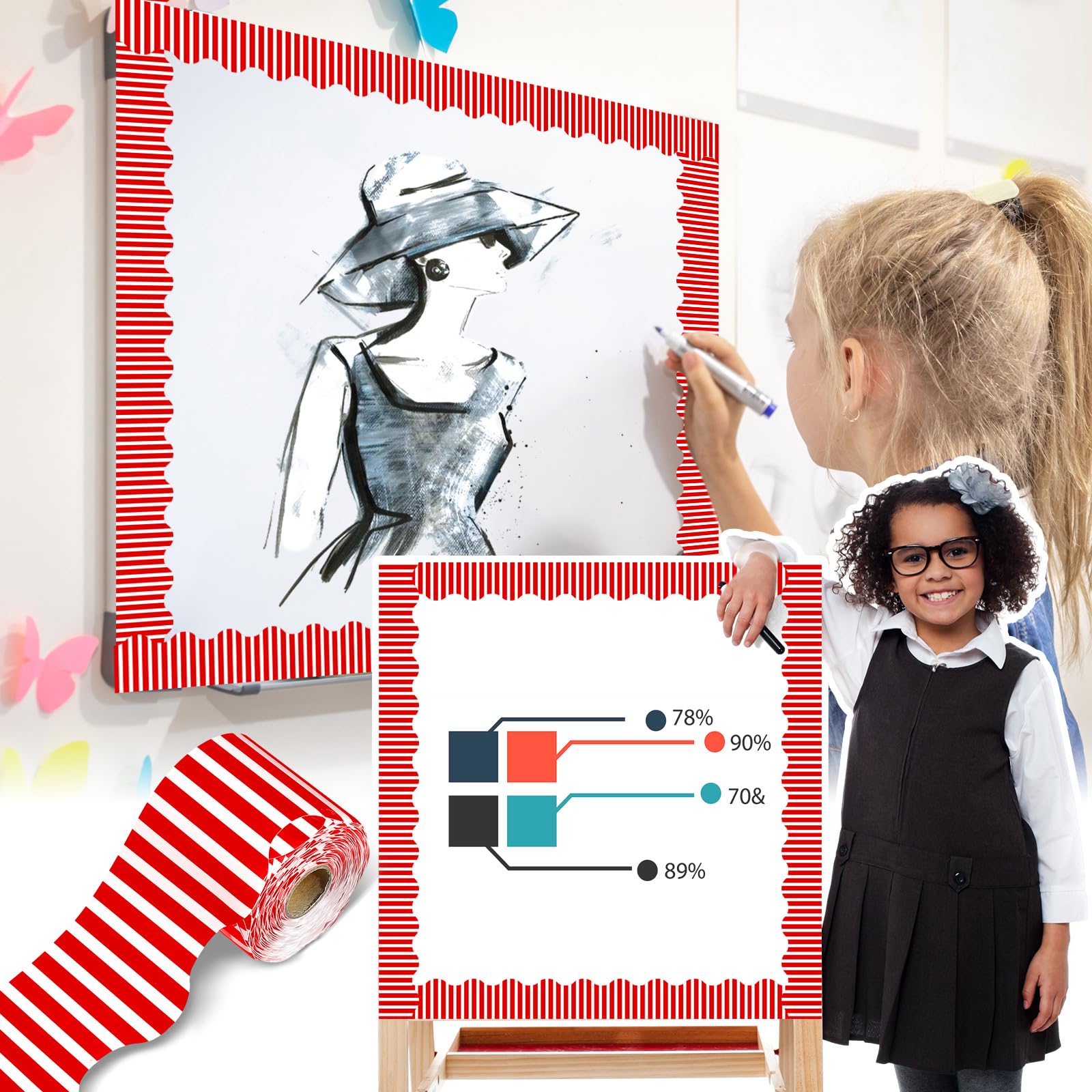 Candy Cane Christmas Bulletin Board Border - 69ft Red & White Scalloped Trim for Classroom & Chalkboard Decor