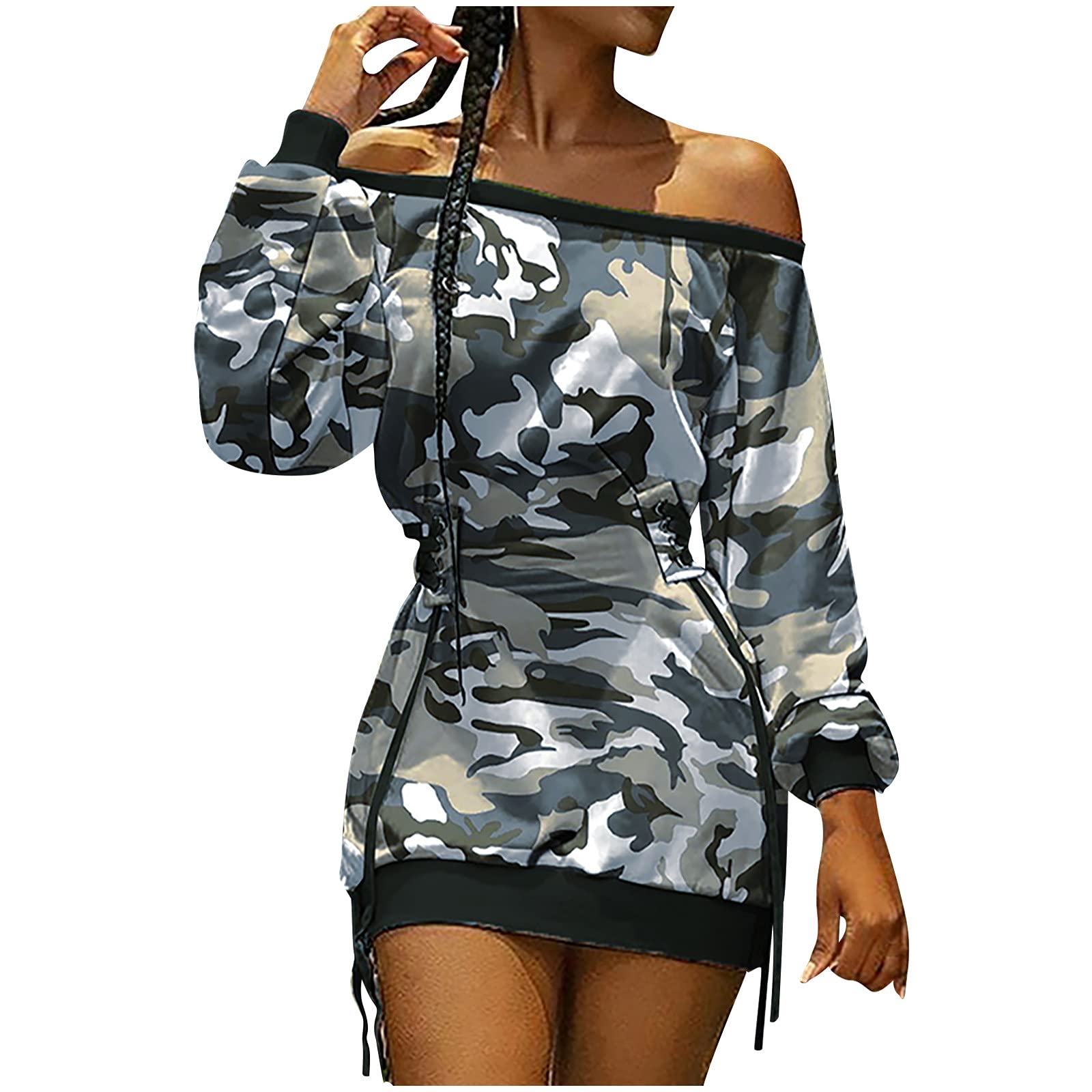Sexy Women's Camouflage Print Off Shoulder Long Sleeve Bodycon Mini Dress - Tie Dye Party Clubwear for Night Out, Date Night & Special Occasions