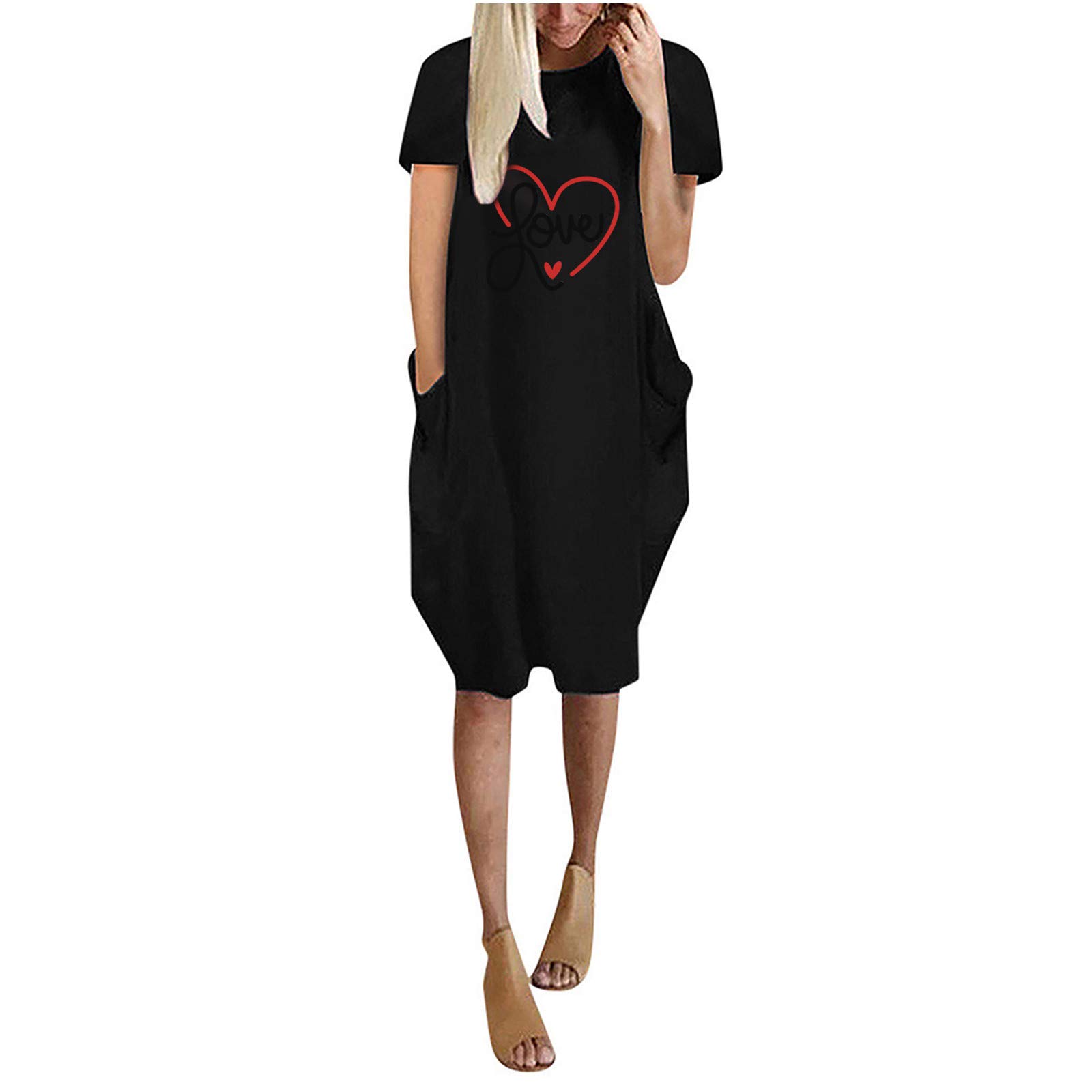 Women's Heart Print Tunic Dress - Casual Loose Short Sleeve Crewneck Oversized Shirt Dress with Pocket | Perfect for Holiday Parties, Beach Vacations & Everyday Wear