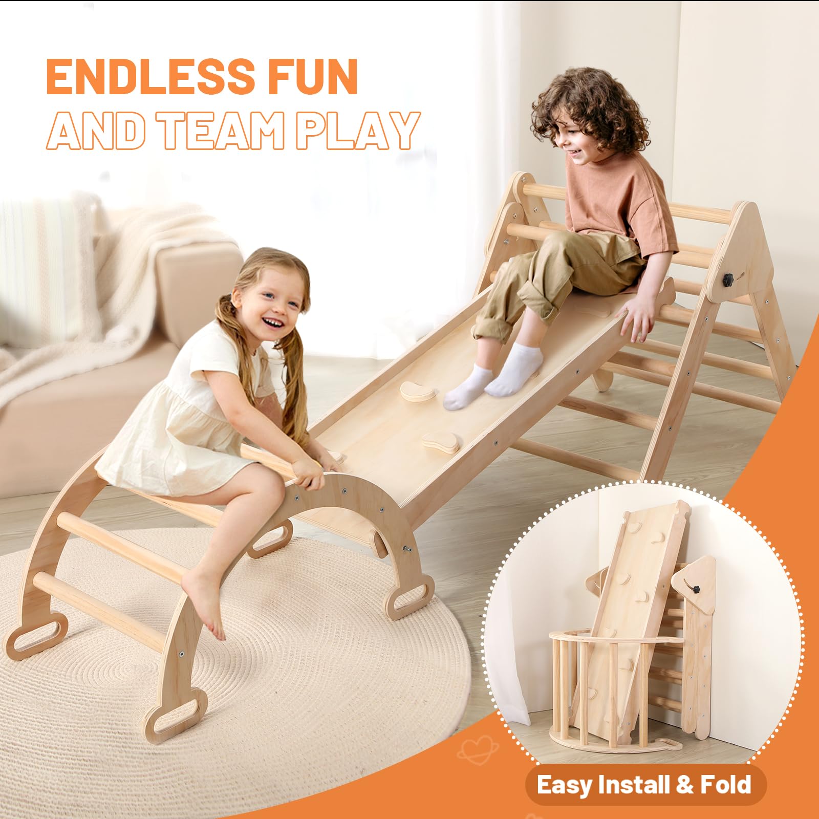 5 in 1 Wooden Climbing Toys for Toddlers - Foldable Montessori Climbing Triangle, Arch Climber & Ramp - Indoor/Outdoor Play Gym for Babies & Kids - Perfect Gift for Boys & Girls (Natural Wood) - Great for Playrooms, Backyards & Montessori Learning Activities