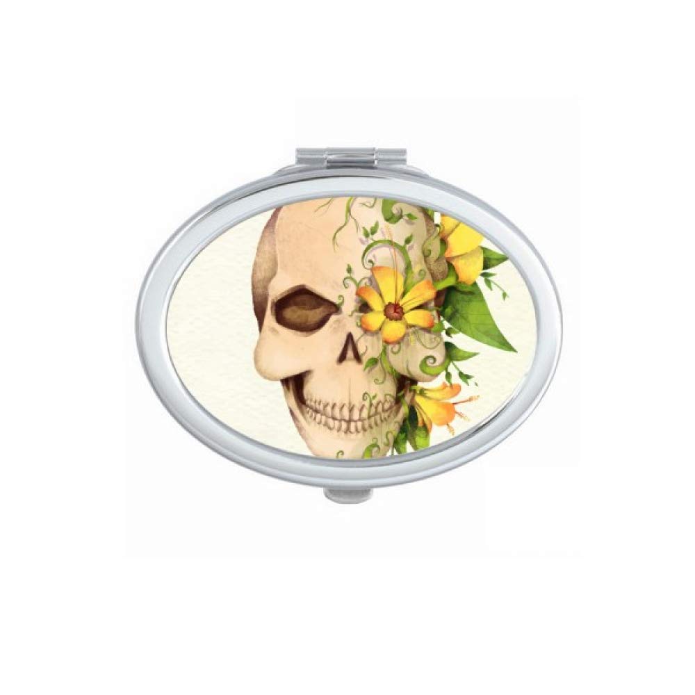 Flower Skull Skeleton Design Oval Compact Makeup Mirror - Portable Cute Handheld Pocket Mirror for Women, Perfect Gift for Halloween, Cosplay & Everyday Makeup Touch-Ups
