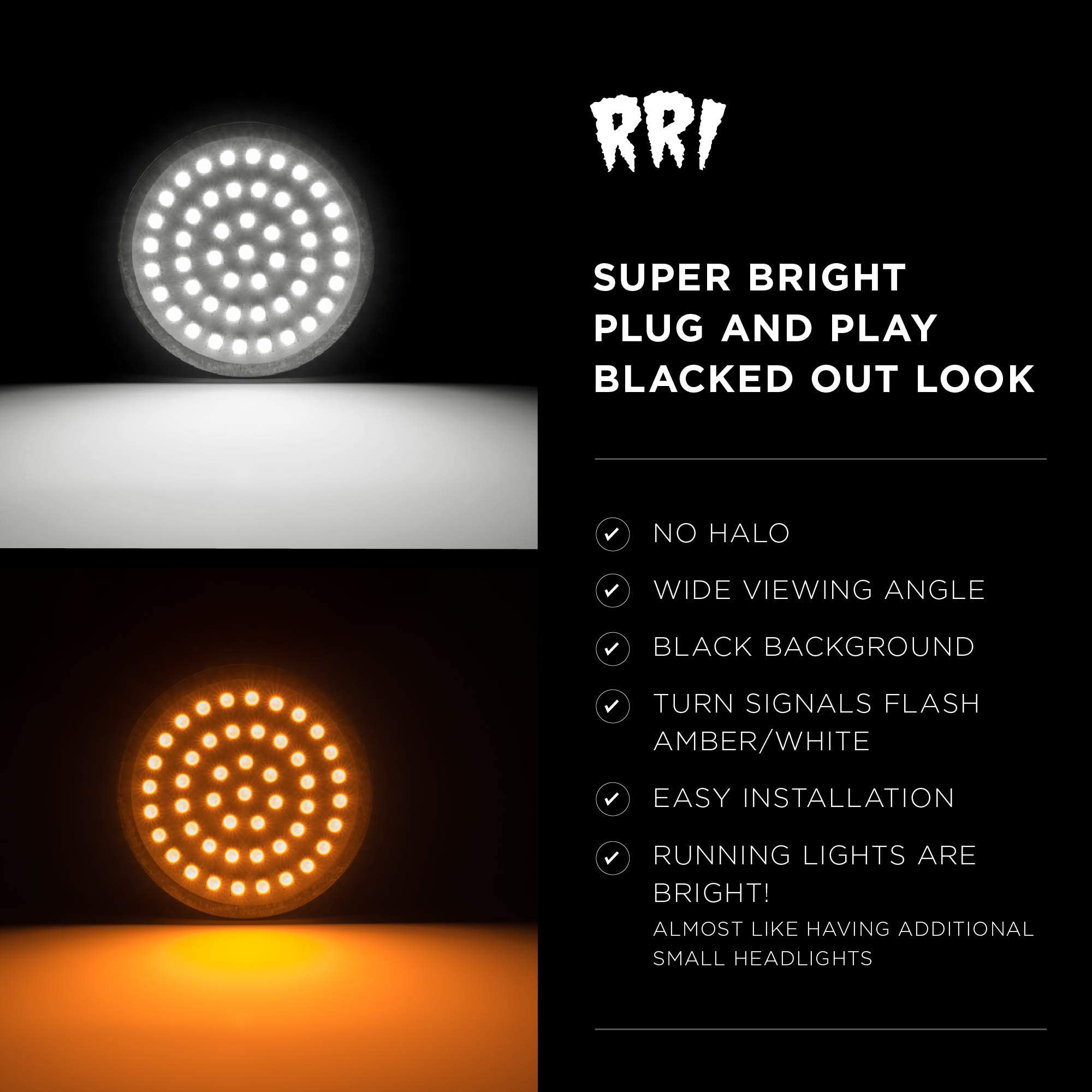 Rogue Rider Industries Sigz Black Label Front LED Turn Signals with White Running Lights (1157) - Compatible with Harley Davidson Sportster, Street Glide, Road King, Softail, Electra, Heritage, Dyna - Enhanced Visibility for Night Riding & Safety