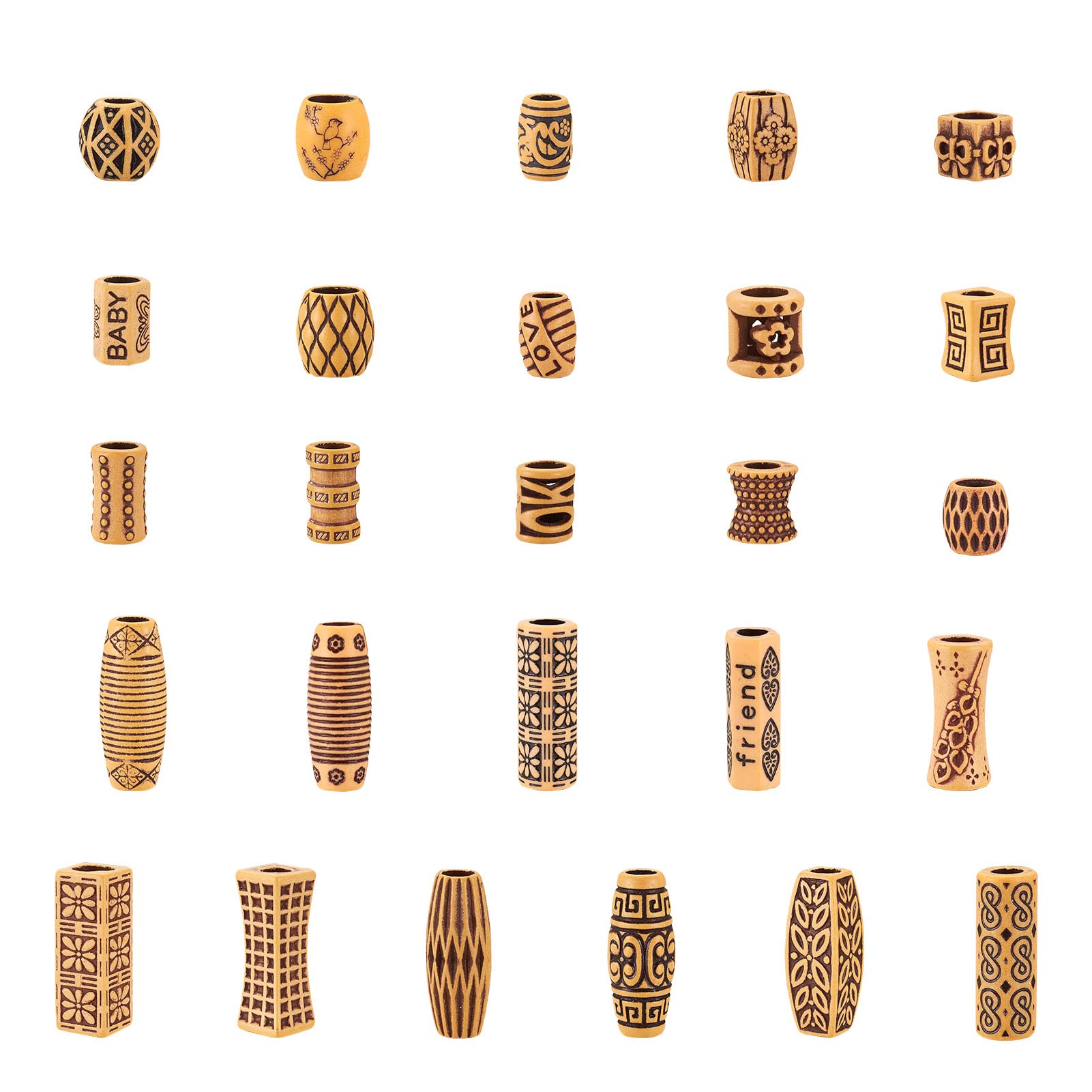 130Pcs Plastic Wood-Look Beads for Hair Braiding - 26 Styles (Column, Cube, Round, Oval, Rectangle) - Large Hole Dreadlock Beads for Jewelry Making & DIY Crafts - Perfect for Boho Hairstyles, Festival Looks & Gift Making