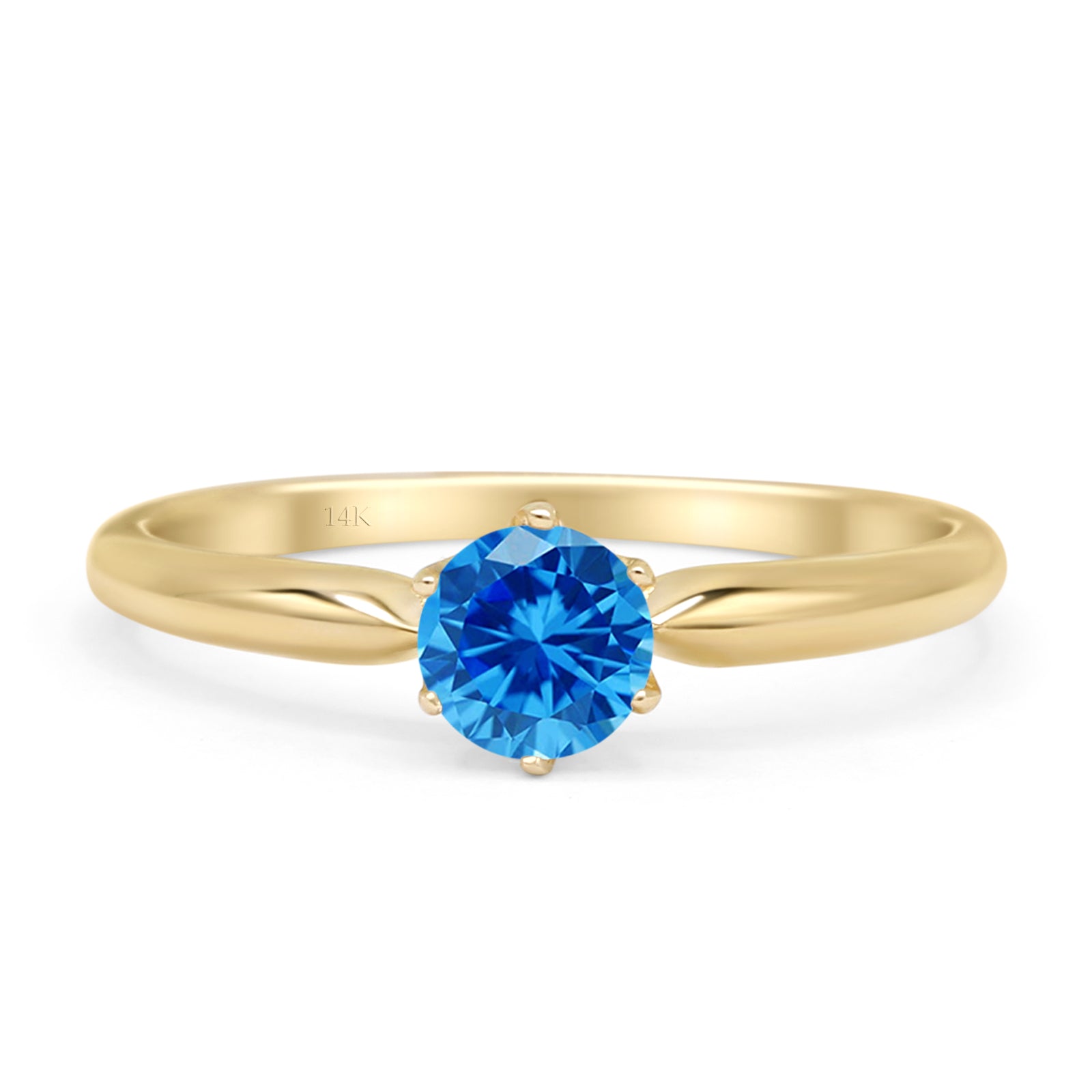 14K Yellow Gold Round Blue Topaz CZ Solitaire Ring for Women - Elegant Engagement, Wedding, Anniversary Gift for Her - Perfect for Valentine's Day, Birthday & Special Occasions