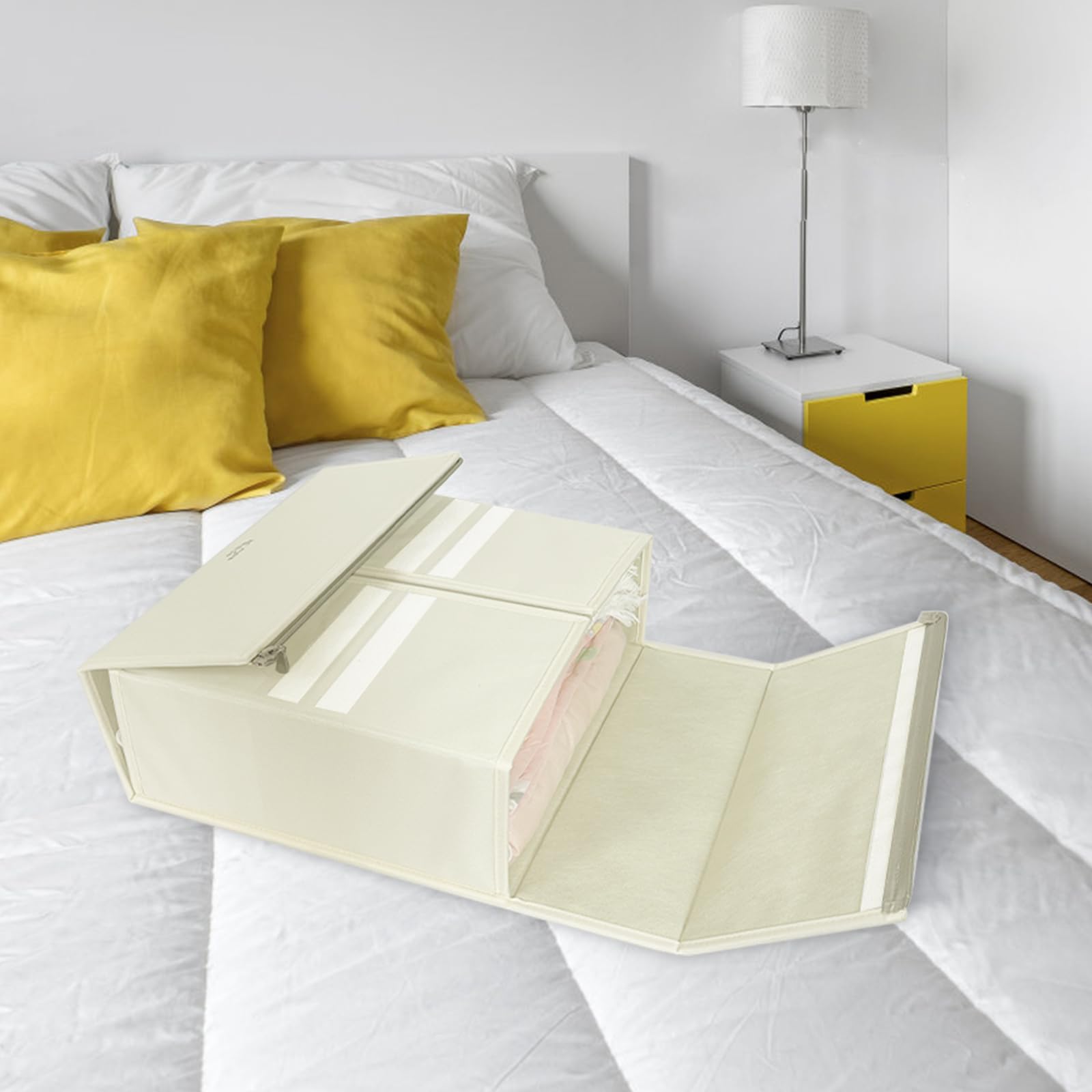 4C'Son Foldable DOUBLE ZIPPERS Bed Sheet Organizer - 2 Pack Fabric Storage Bins for Bed Sheets & Linen - Closet Organizer with Window & EXTRA STURDY Handle (Ivory) | Perfect for Bedroom, Nursery & Travel Storage Solutions