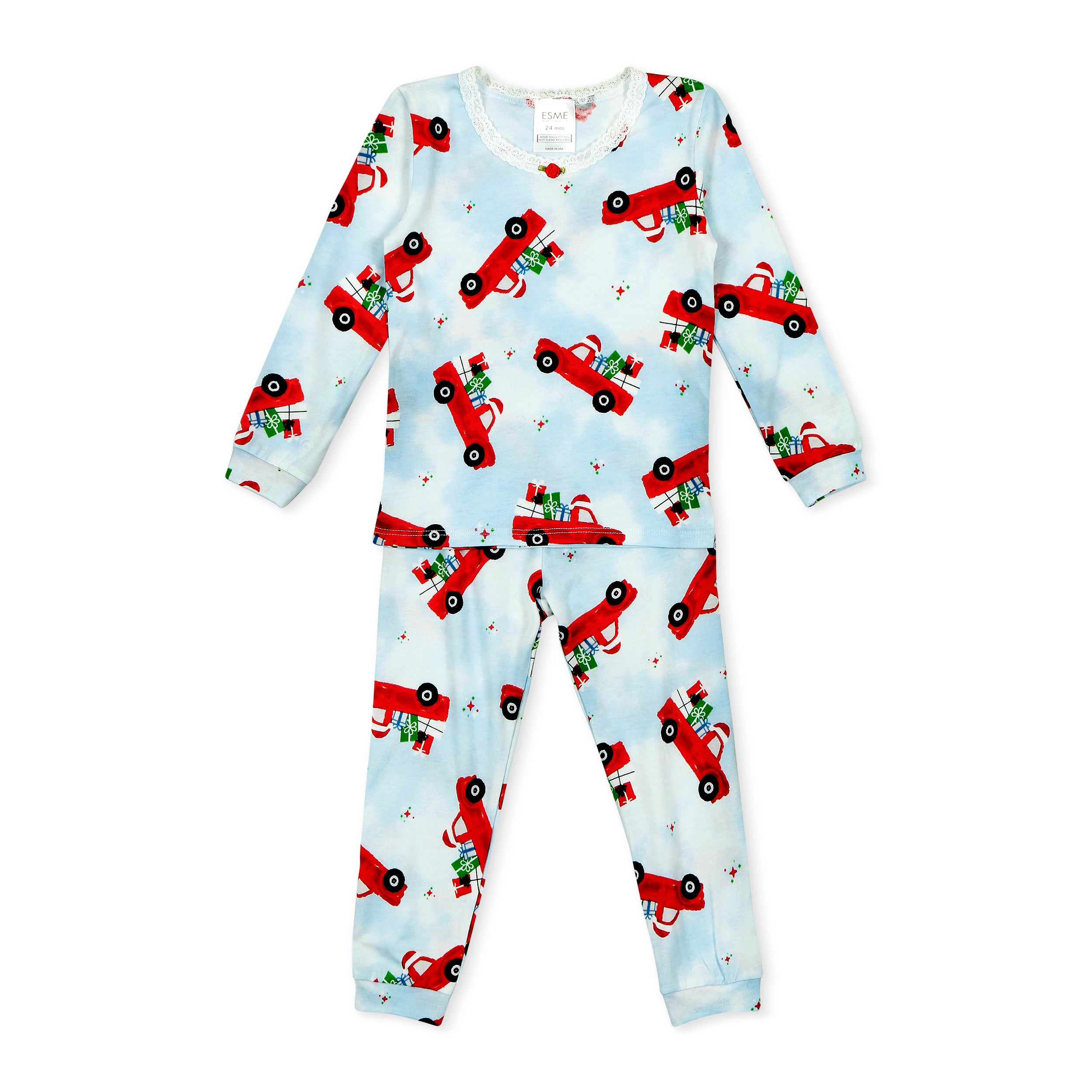 Girls Christmas Santa Truck Print Full-Length Pajama Set - Cozy Holiday Sleepwear for Kids & Toddlers - Perfect for Christmas Eve, Family Gatherings & Festive Photos