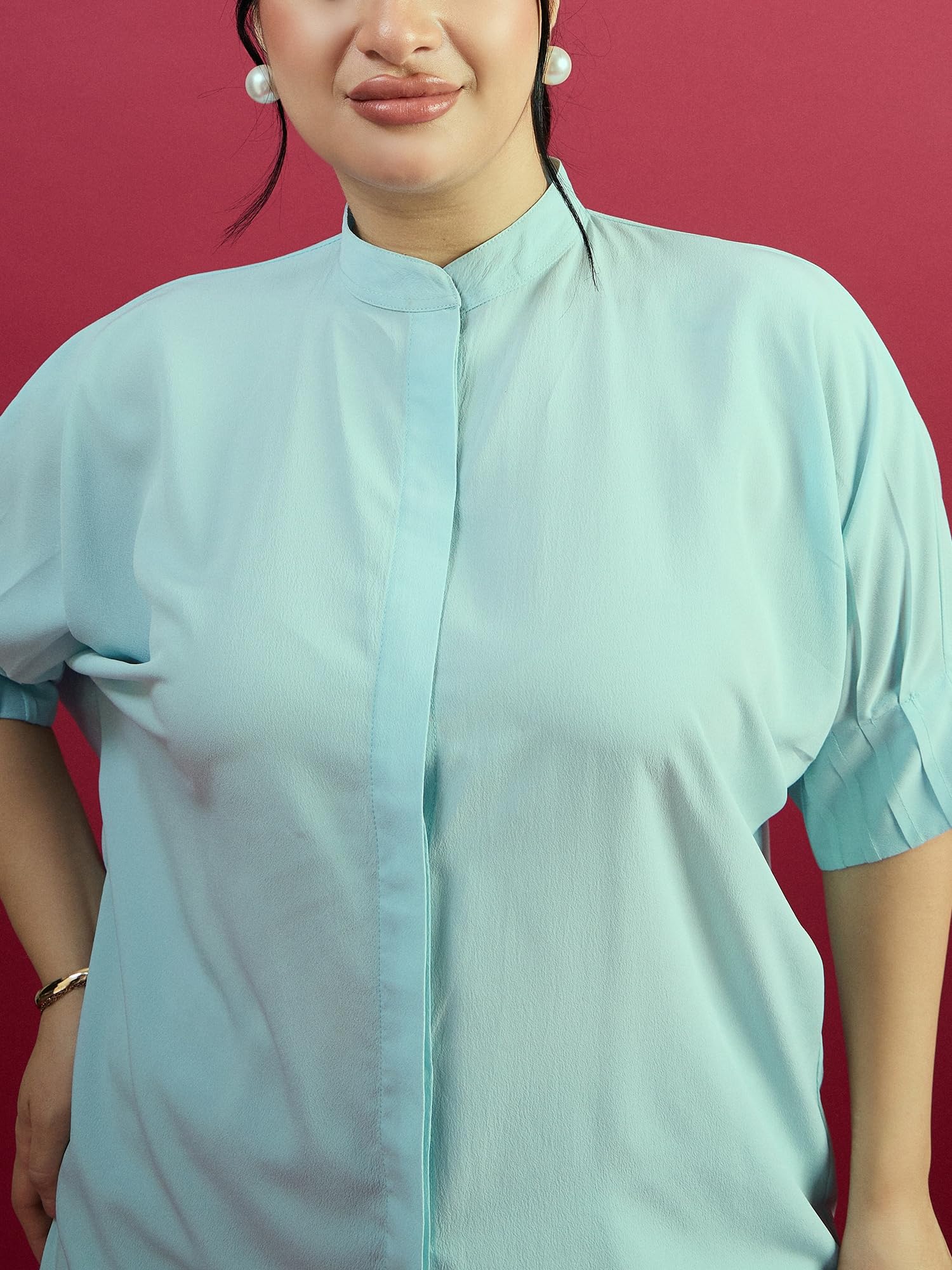 KASSUALLY Women's Blue Pleated Sleeve Curve Top - Flattering Casual Shirt for Work, Date Night & Everyday Wear