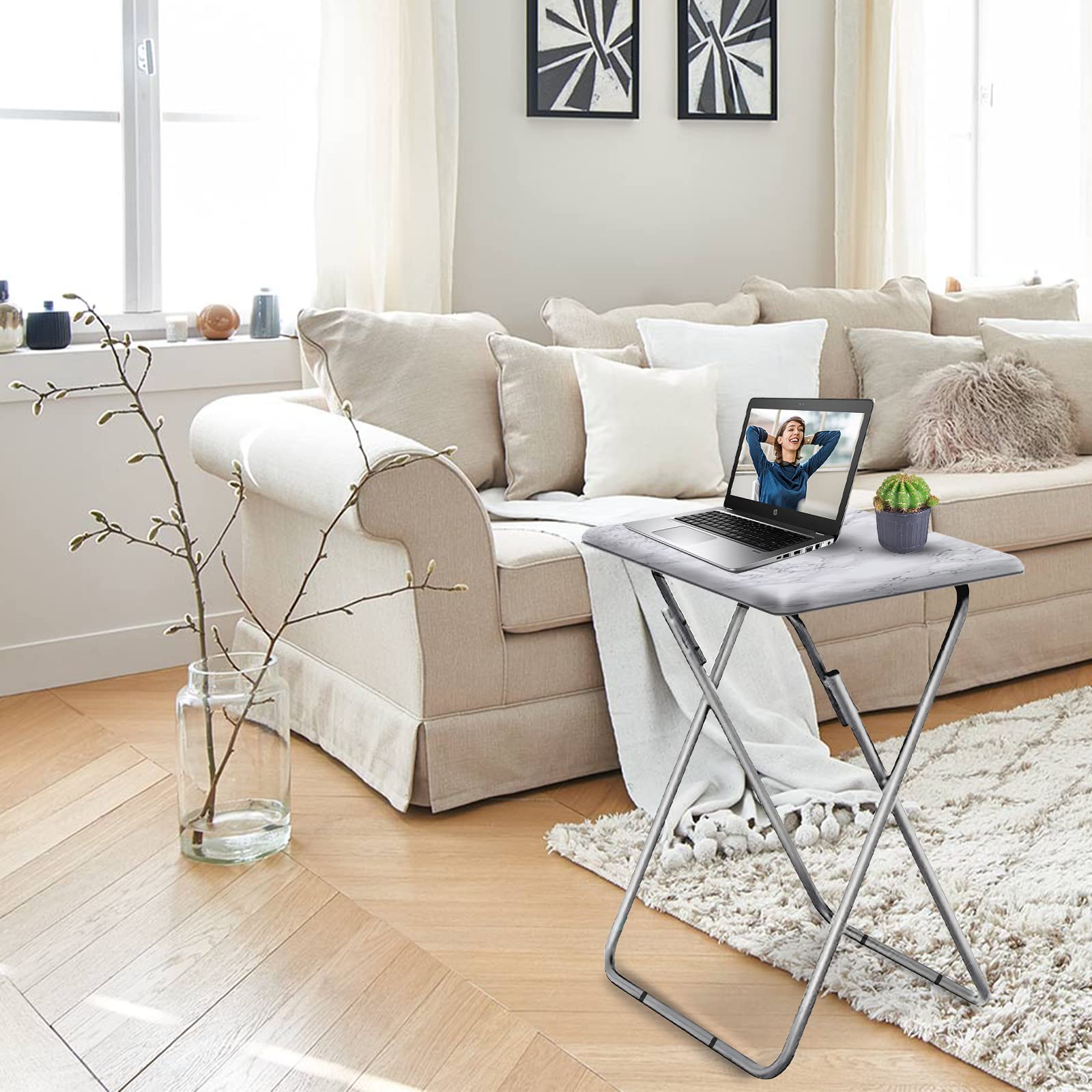 Foldable TV Tray Table - 15 x 18.9 x 26 Inch Sturdy Snack Eating Tray with No Assembly Required, White Marble Finish - Perfect for Living Room, Bedroom, Office or Outdoor Use