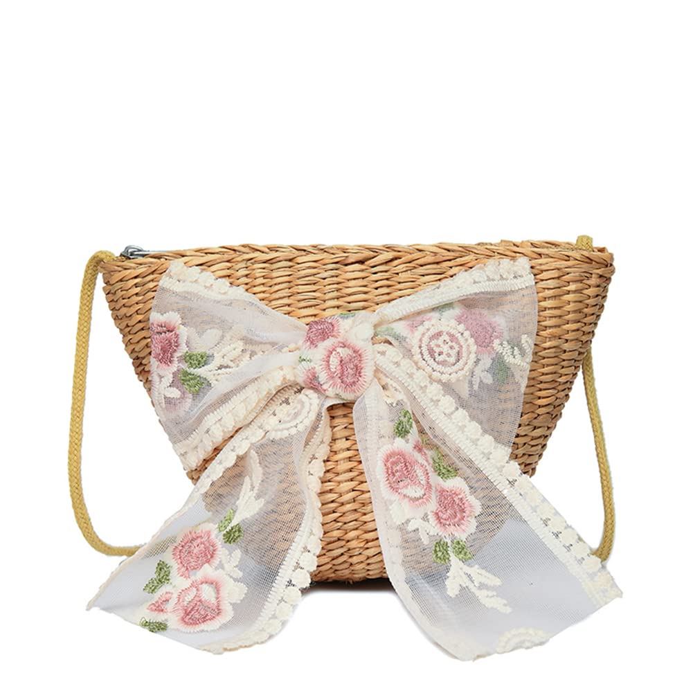 AIZHIYI Women's Straw Bucket Bag with Lace Bow - Retro Crossbody Purse for Summer Beach, Travel, and Casual Outings