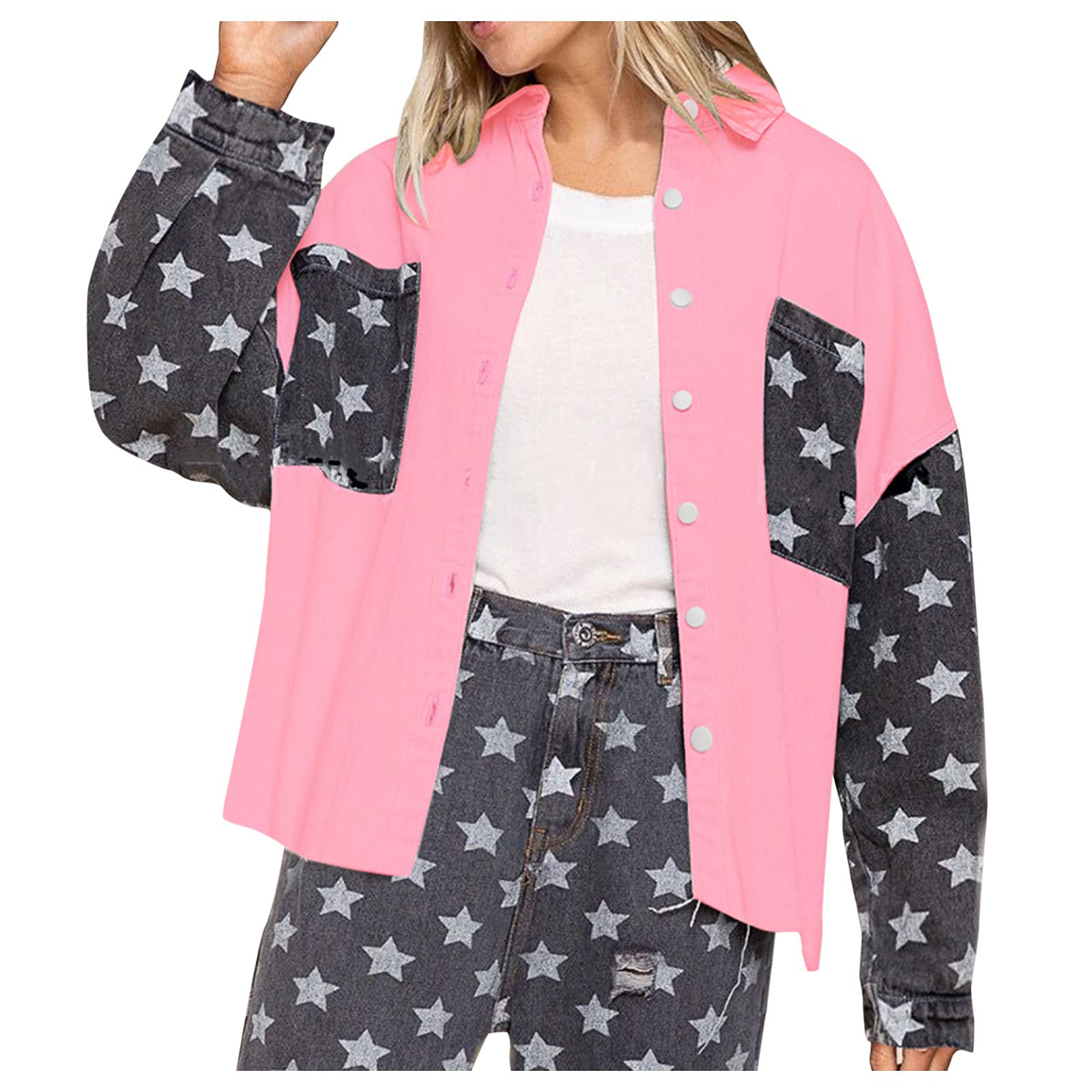 Women's Casual Elegant Denim Blouse with Star Print - Summer Office Wear, Fashion Tops for Work & Career - Perfect for Business Casual, Professional Outfits & Stylish Workwear
