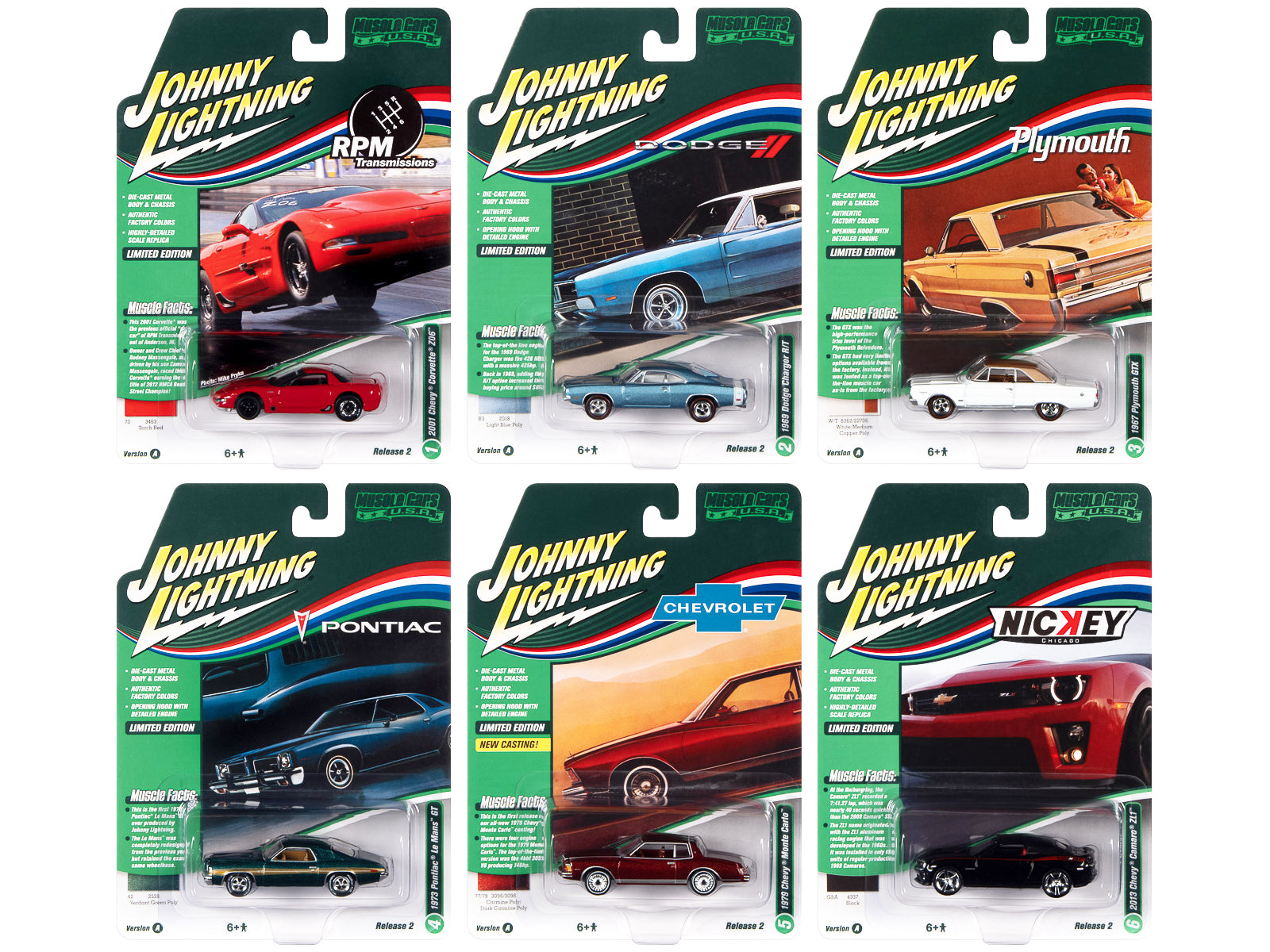 Johnny Lightning 1/64 Scale Diecast Muscle Cars USA 2022 Set A - 6 Piece Collectible Model Cars for Display, Racing Games & Gift Giving