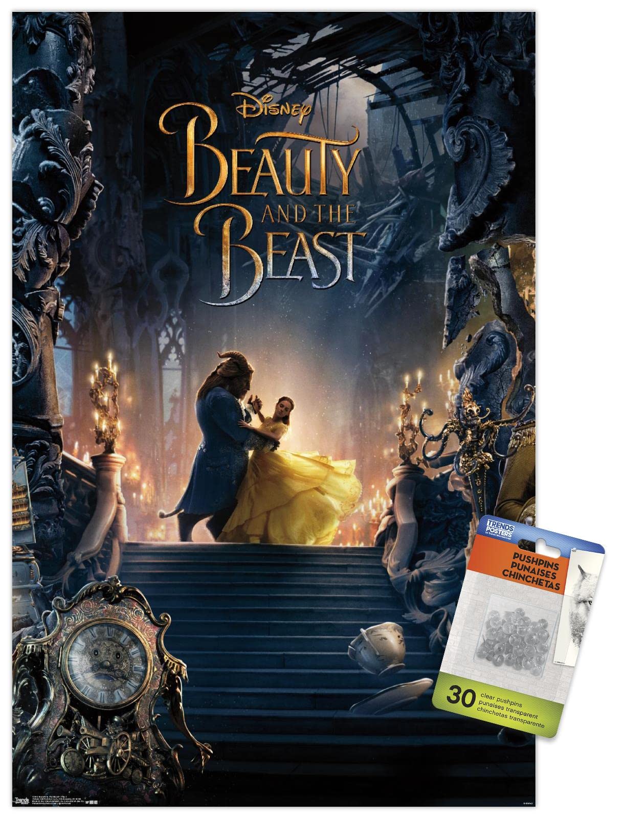 Disney Beauty And The Beast Triptych Wall Poster Set with Push Pins - Perfect for Bedroom, Living Room, and Office Decor