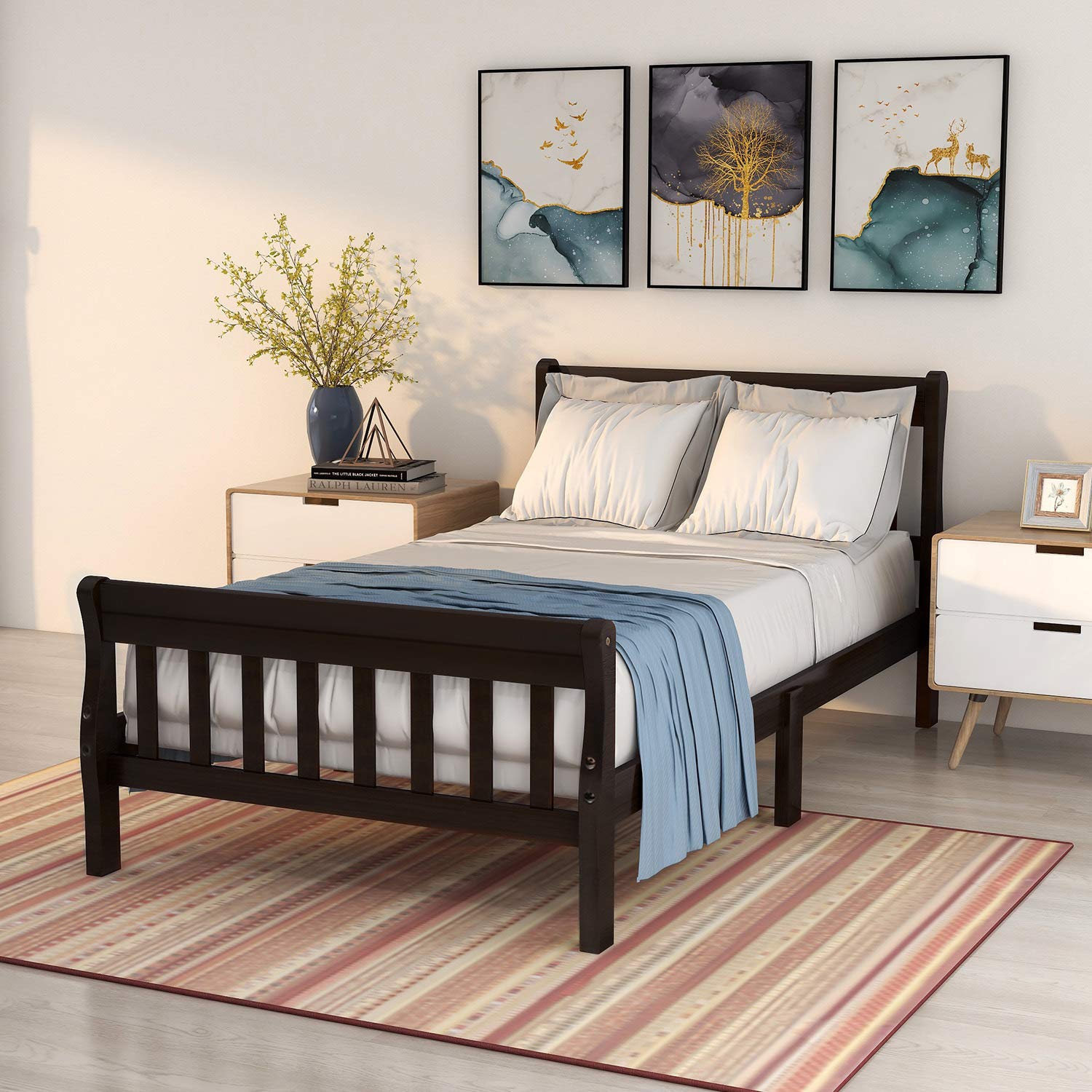 TITA-DONG Solid Wood Twin Size Platform Bed Frame with Headboard & Footboard - Wood Slat Support Mattress Foundation - Classic Sleigh Design for Kids Room, Guest Bedroom & Small Spaces